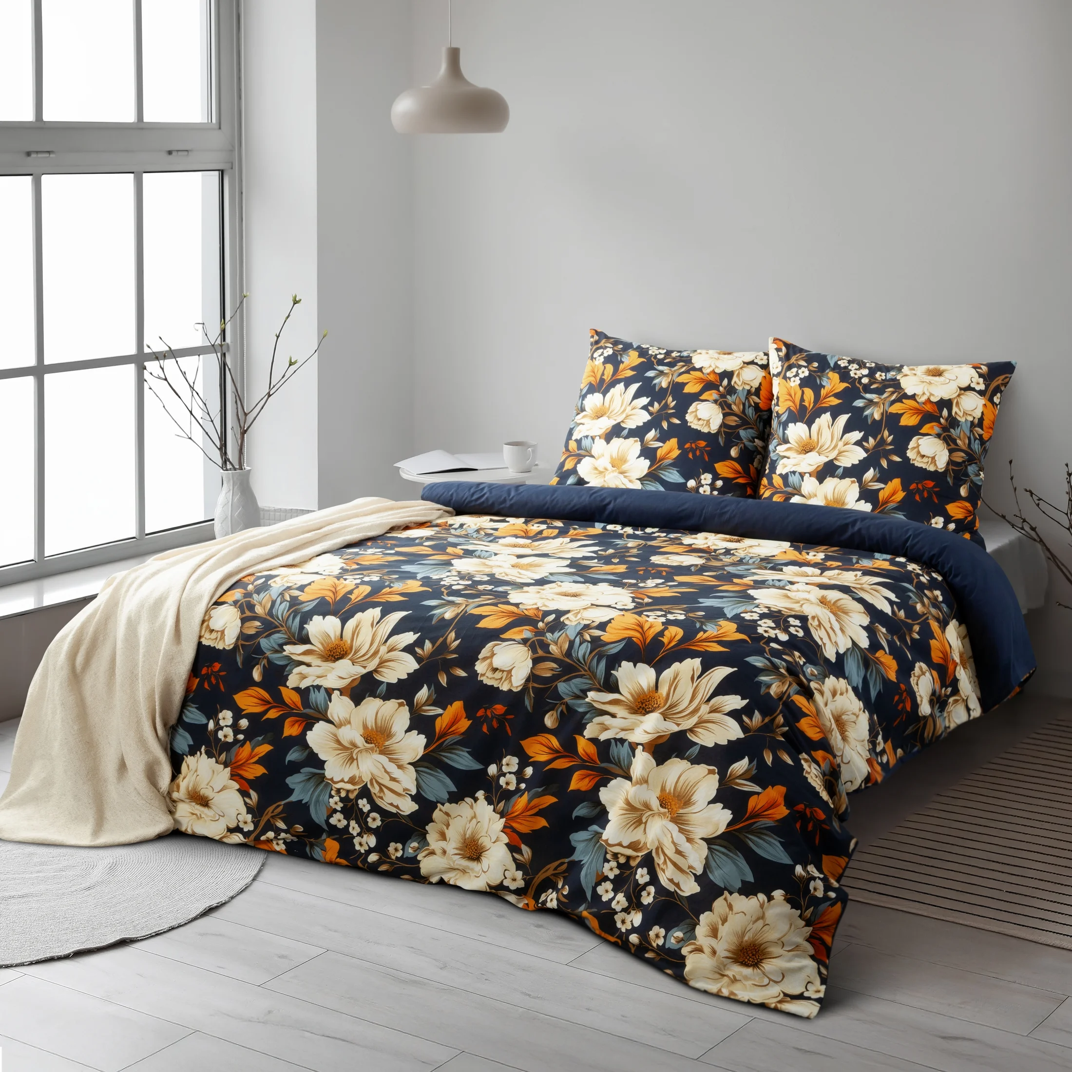 Pościel 160x200 cm bawełna ranforce kolor granatowy, pomarańczowy z motywem kwiatów FIORA | eurofirany