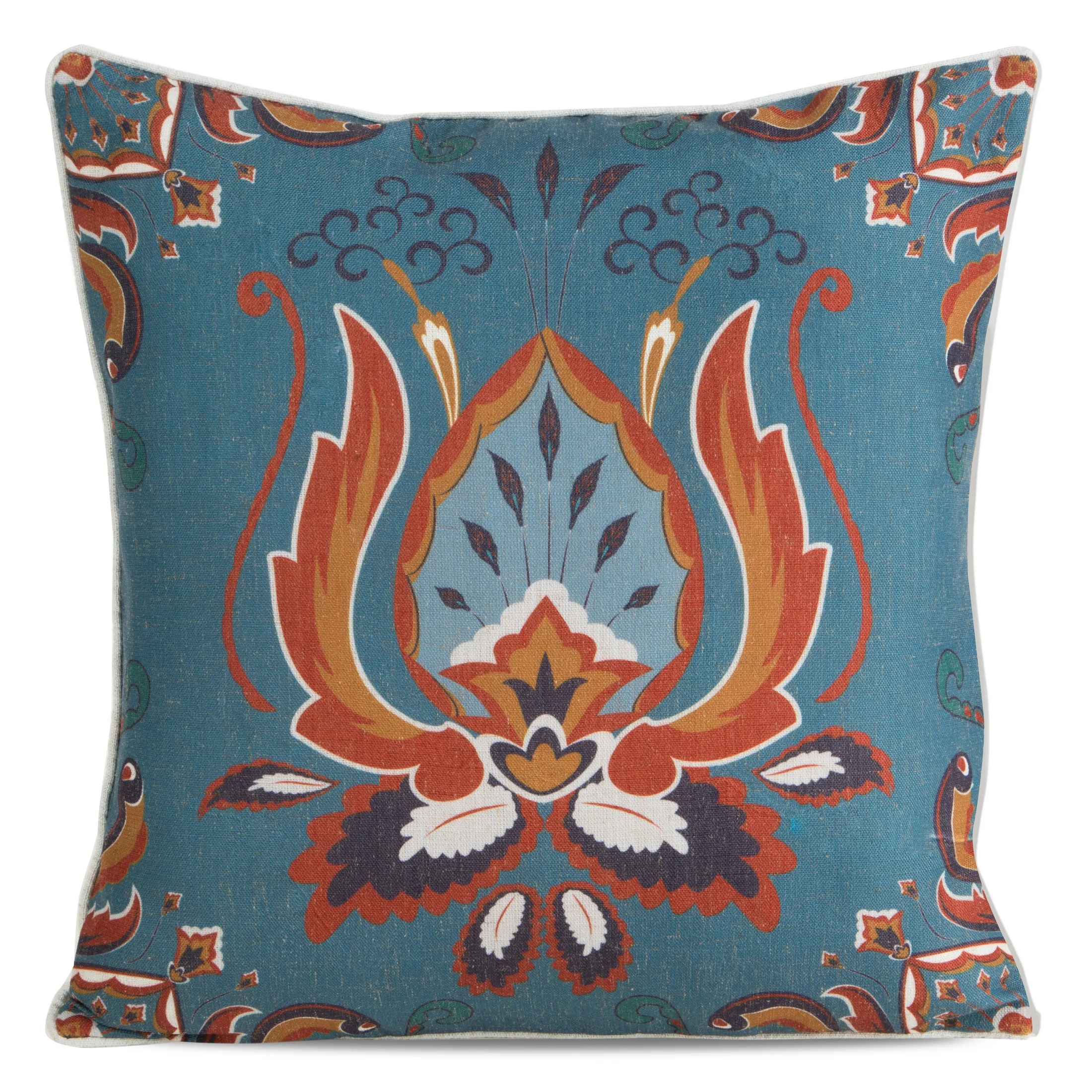Poszewka na poduszkę 45x45 cm bawełniana z dodatkiem lnu z nadrukiem ornamentu turkusowo, pomarańczowa LEN | eurofirany