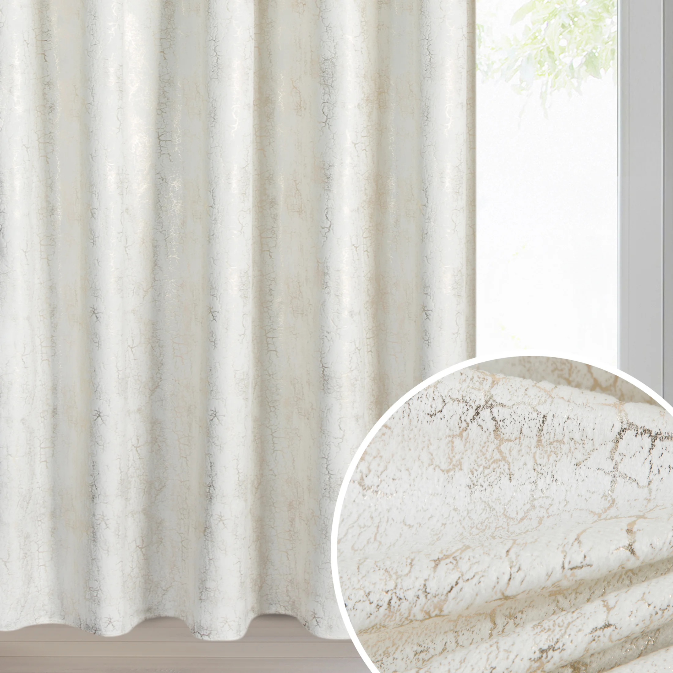 Zasłona kremowo, szampańska welwetowa z błyszczącym nadrukiem 140x250 cm taśma - INGRID | eurofirany