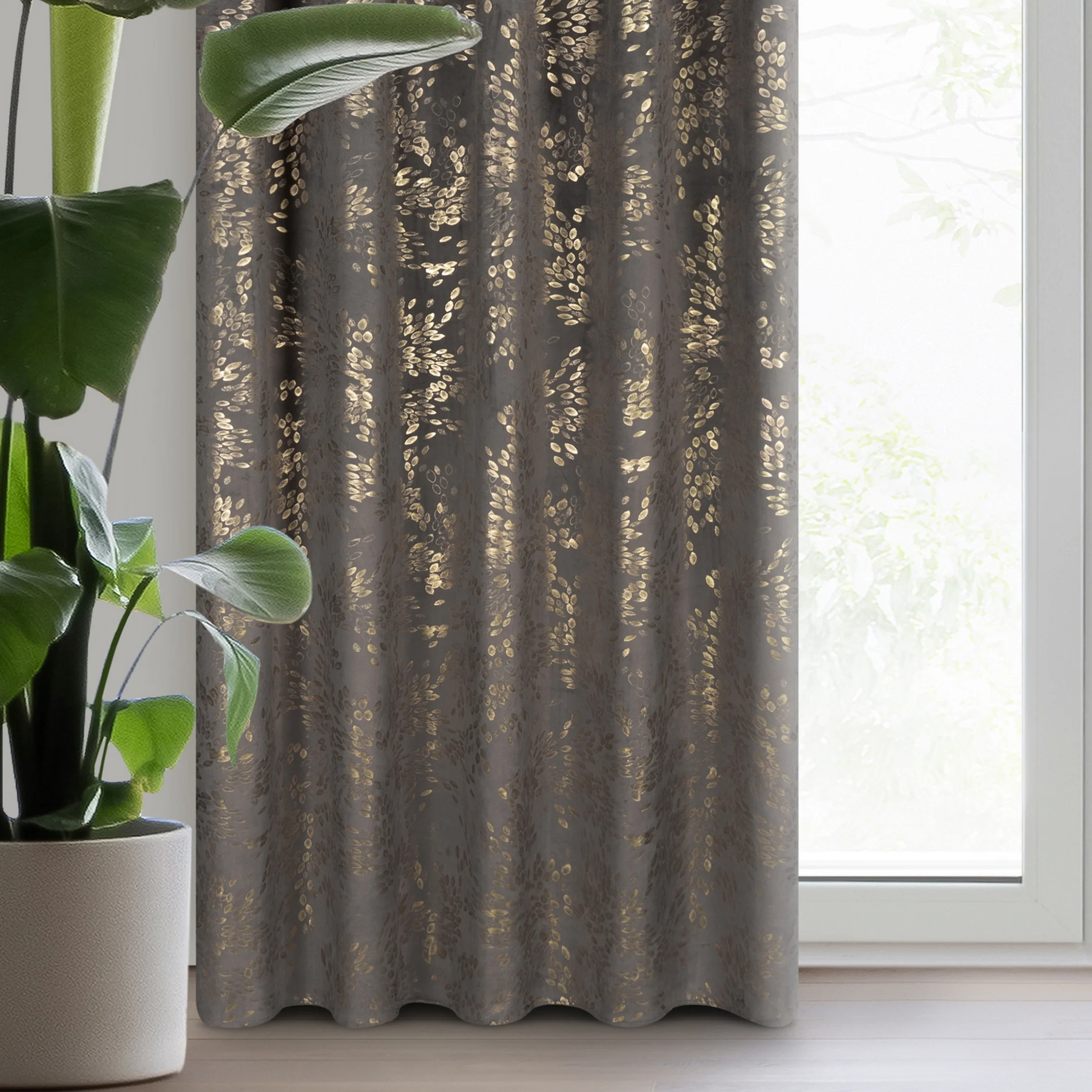 Zasłona welwetowa grafitowa zdobiona nadrukiem liści 140x270 cm taśma - FELIS | eurofirany