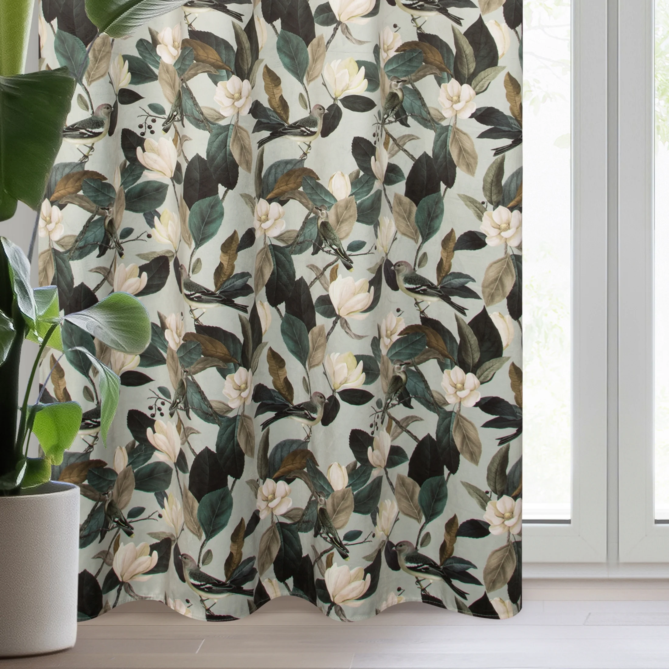 Zasłona oliwkowo, kremowa z motywem botanicznym z efektem 3D z miękkiego welwetu 140x250 cm przelotka - ELENI | eurofirany