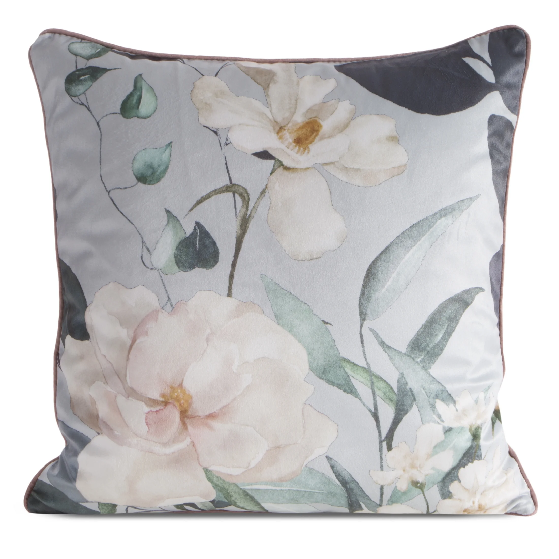 Poszewka na poduszkę 45x45 srebrna, kremowa welwetowa z subtelnym motywem kwiatów ROSITA 1 | eurofirany