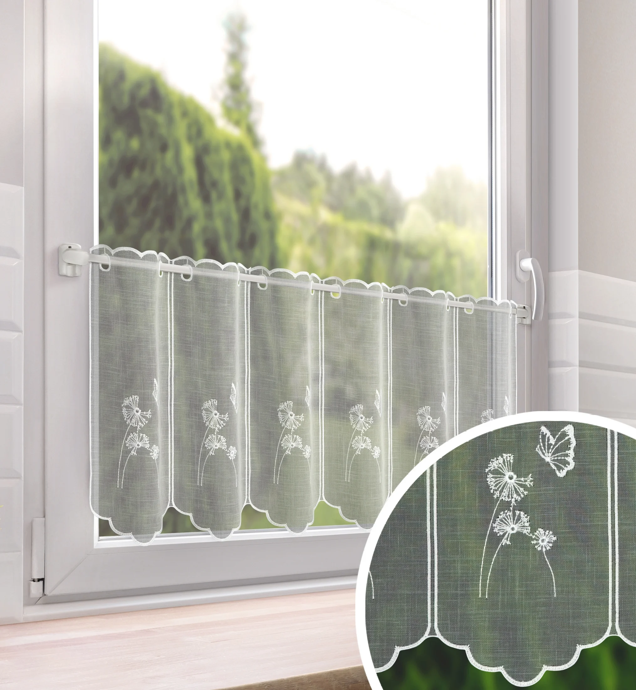 Tkanina firanowa zazdrostka z etaminy zdobiona haftem dmuchawca