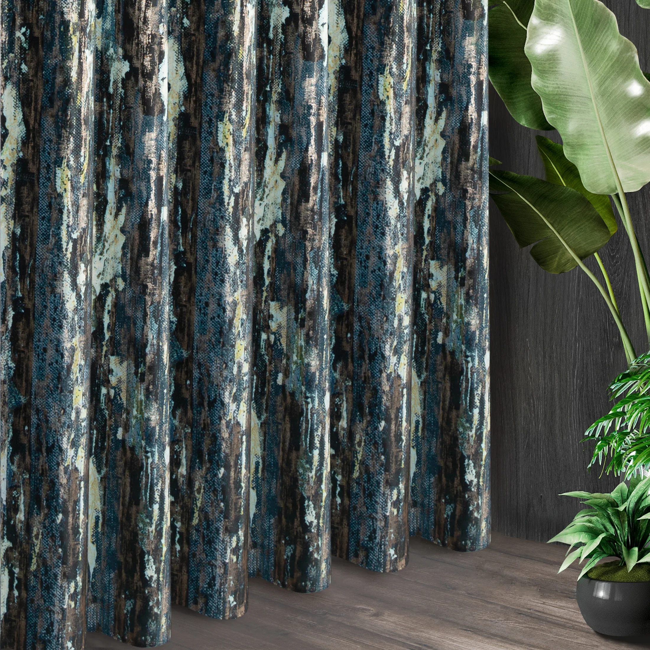 Tkanina zasłonowa z miękkiego welwetu z modnym przecieranym nadrukiem w granatowej kolorystyce