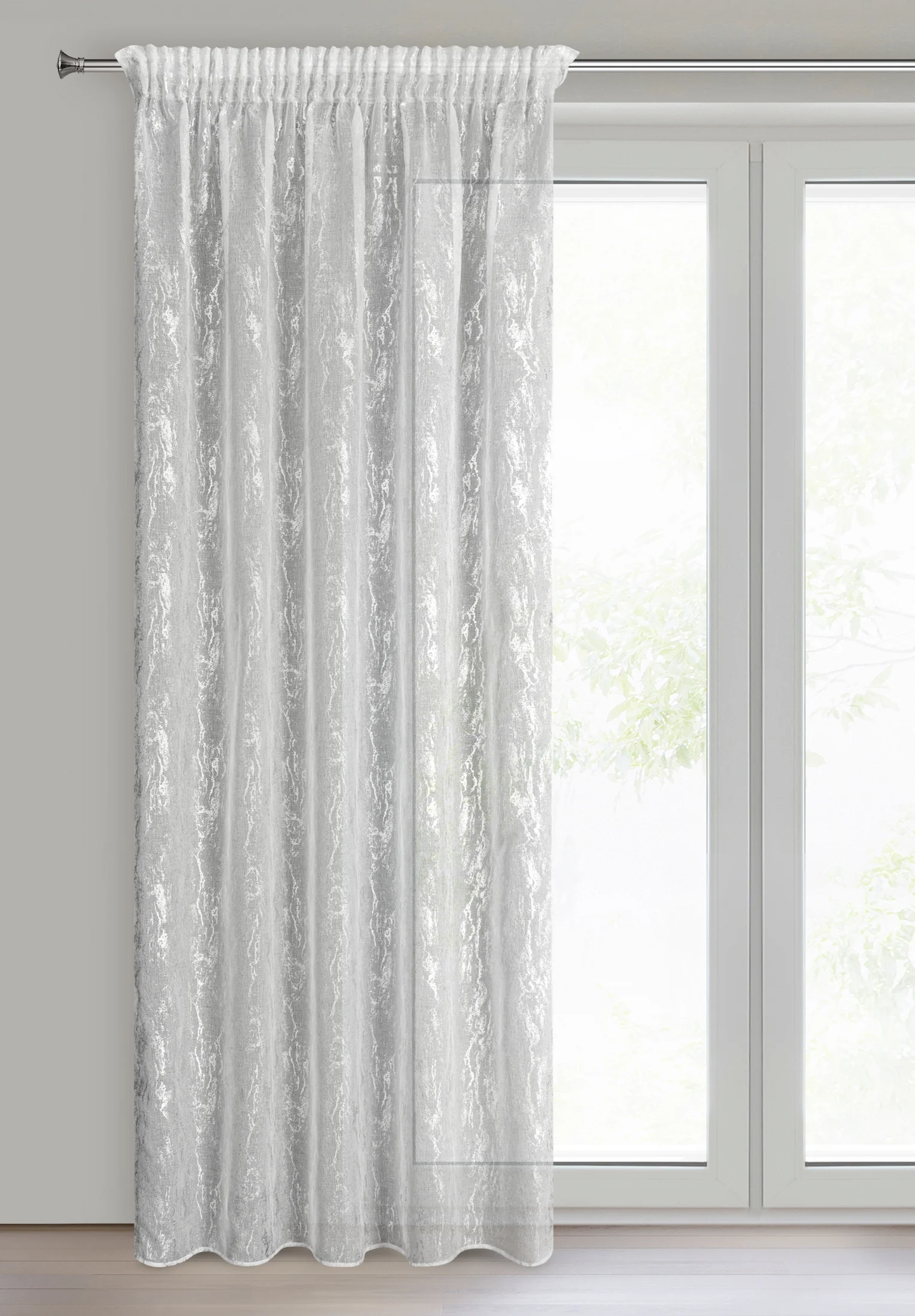 Dekoracja okienna biało, srebrzysta z marmurkowym wzorem z etaminy 140x270 cm taśma MIA