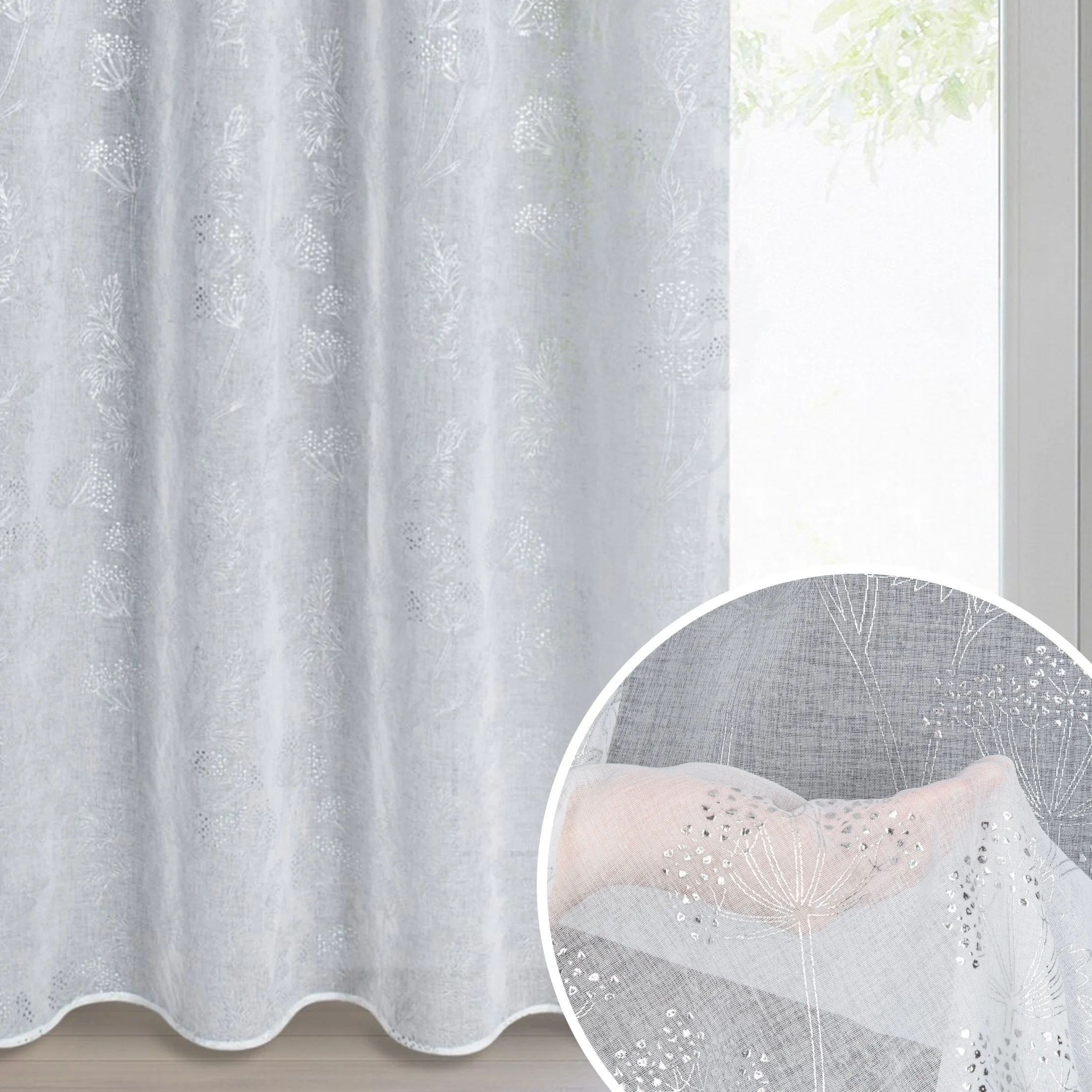 Dekoracja okienna biało, srebrzysta z etaminy zdobiona błyszczącym nadrukiem roślinnym 140x250 cm przelotka - JUNI | eurofirany