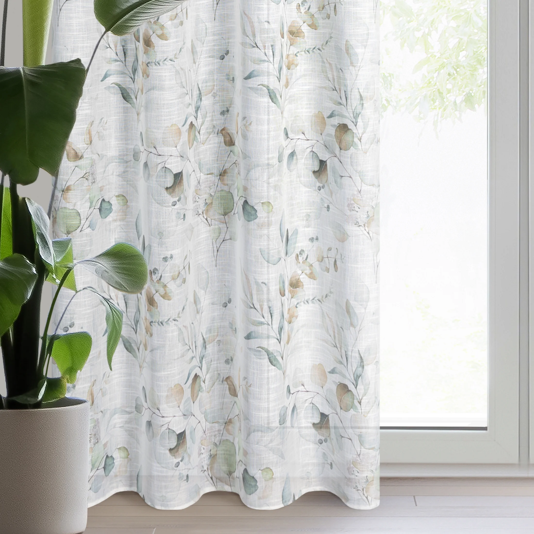 Zasłona biało, zielona z subtelnym nadrukiem z matowej tkaniny 140x250 cm przelotka - SENA | eurofirany