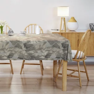 Obrus na wymiar srebrno złoty z tkaniny w elegancki roślinny wzór z połyskliwą nicią i efektem 3D Italissima Eva Minge