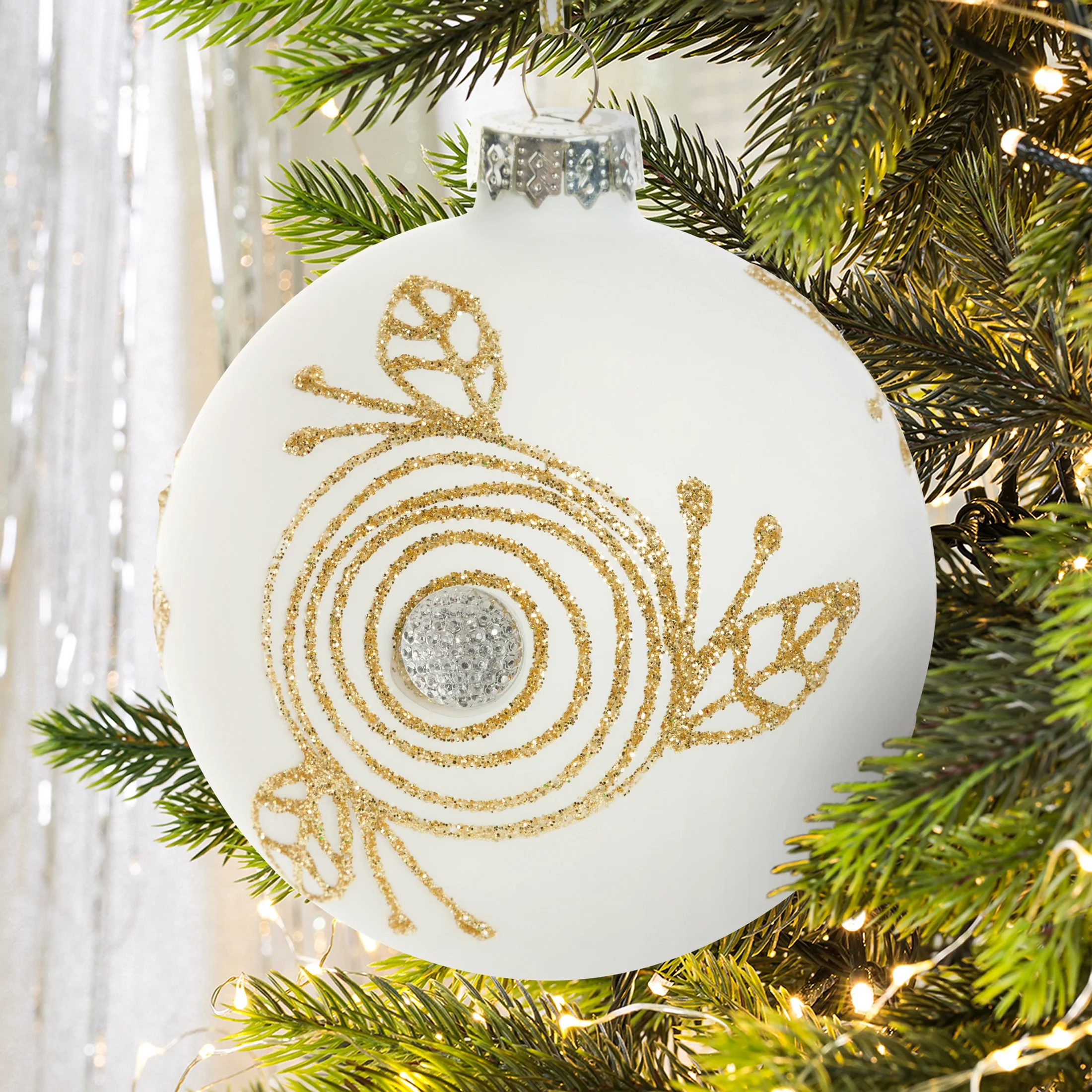 Bombka szklana ręcznie zdobiona brokatowym wzorem i kryształkiem | eurofirany