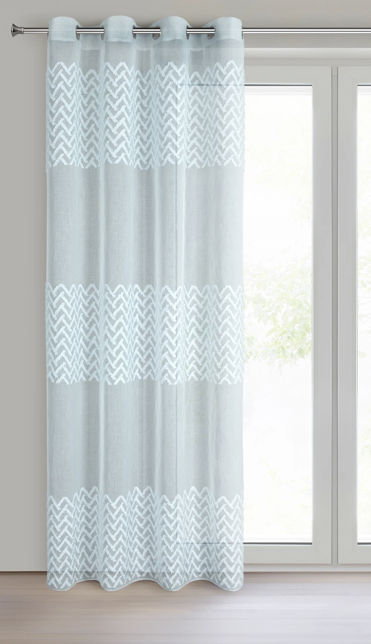 Firana niebieska zdobiona puszystą aplikacją 140x250 cm przelotka ESTER