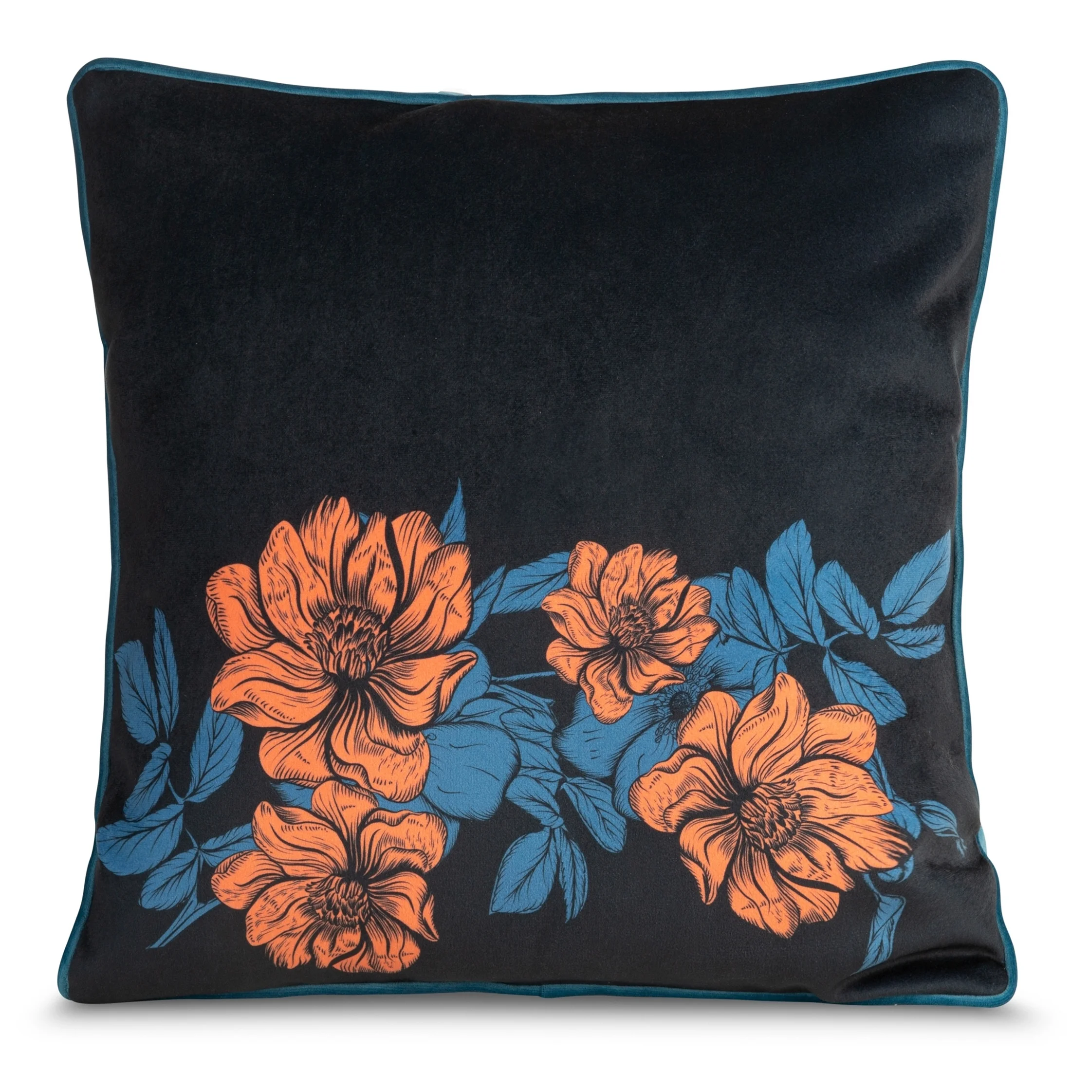 Poszewka na poduszkę dwustronna 45x45 cm welwetowa, granatowo pudrowa z kwiatowym nadrukiem i wypustką na brzegach EMMA Eurofirany Premium | eurofirany