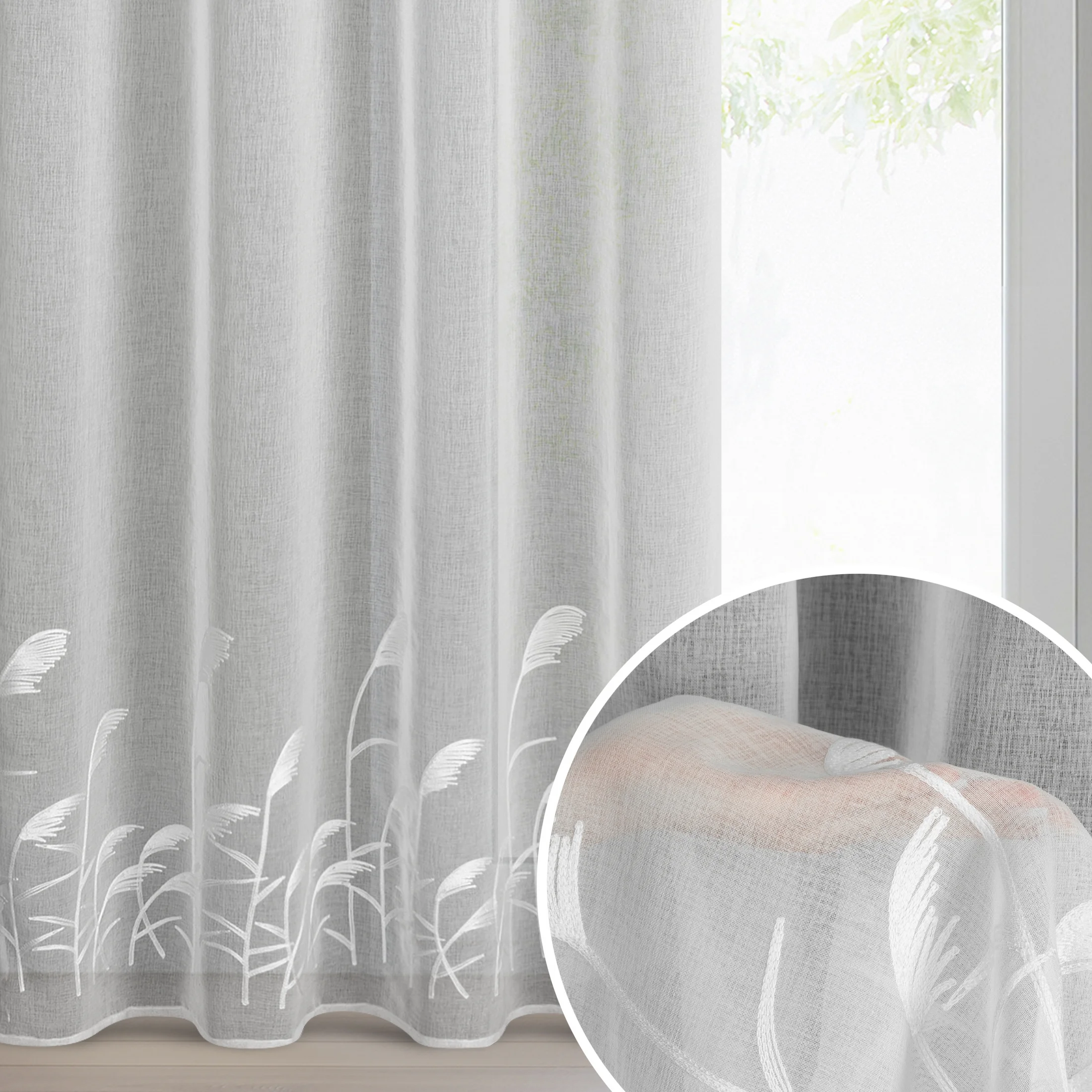 Firana biała z etaminy zdobiona haftem w źdźbła ozdobnej trawy 140x250 cm przelotka - TASHA | eurofirany