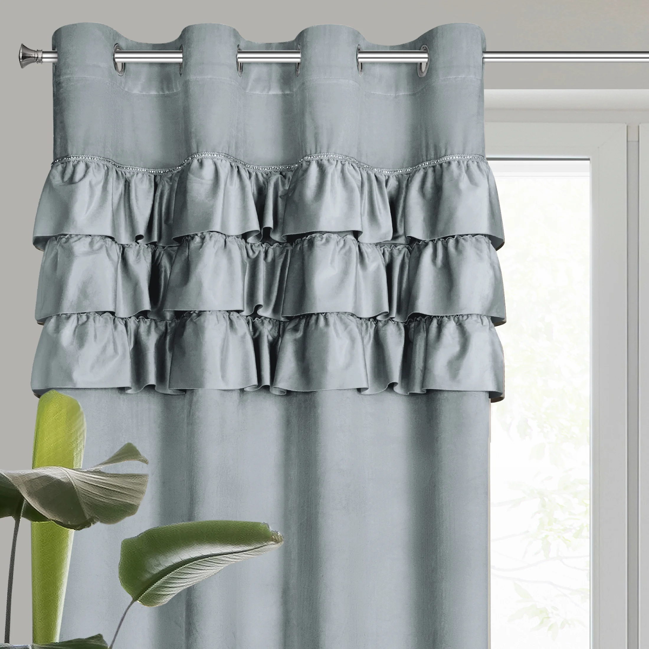 Zasłona welwetowa srebrna zdobiona falbanami 140x250 cm przelotka - SAMI | eurofirany