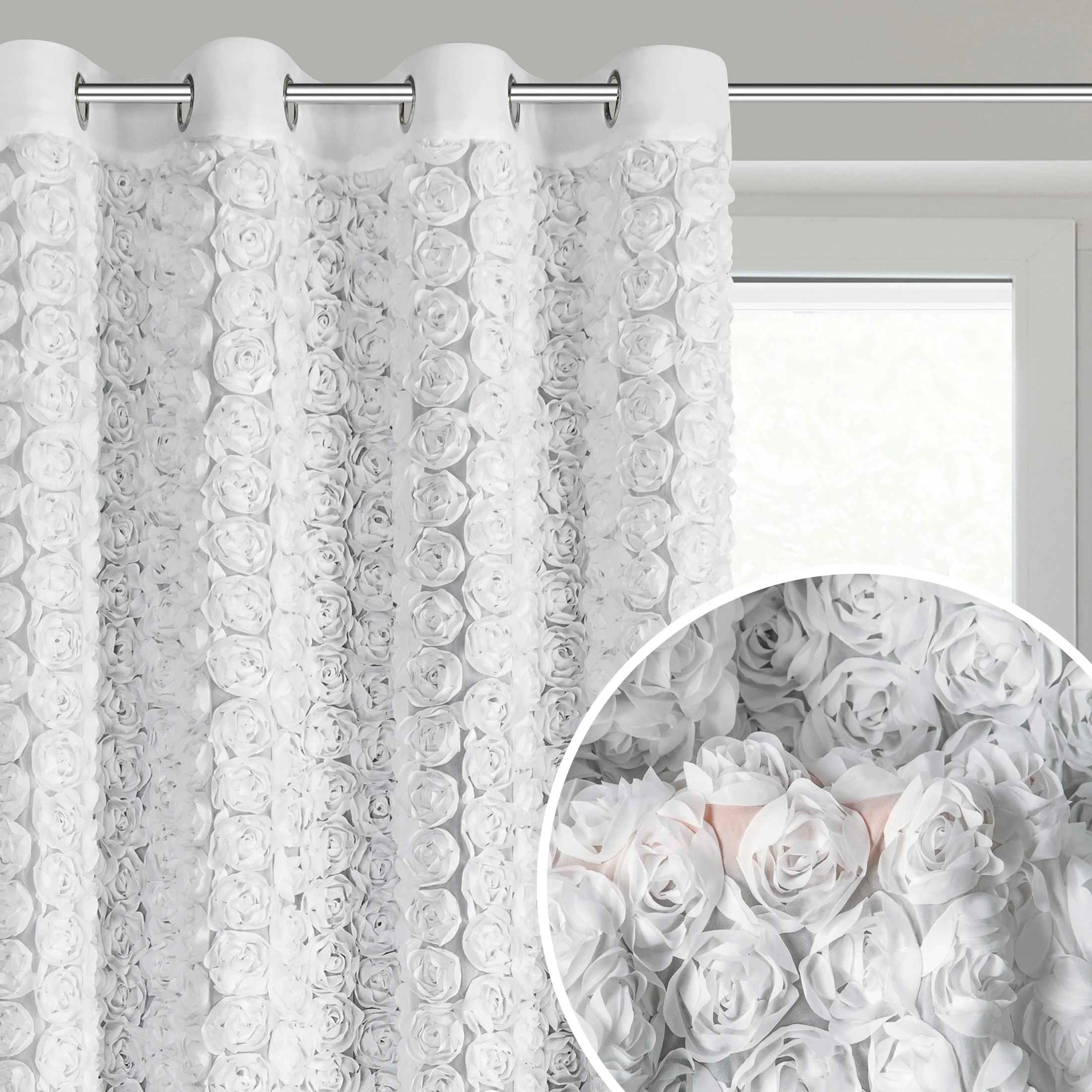Zasłona biała z szyfonu zdobiona różami 3D 140x250 cm przelotka - ROSES Eva Minge | eurofirany