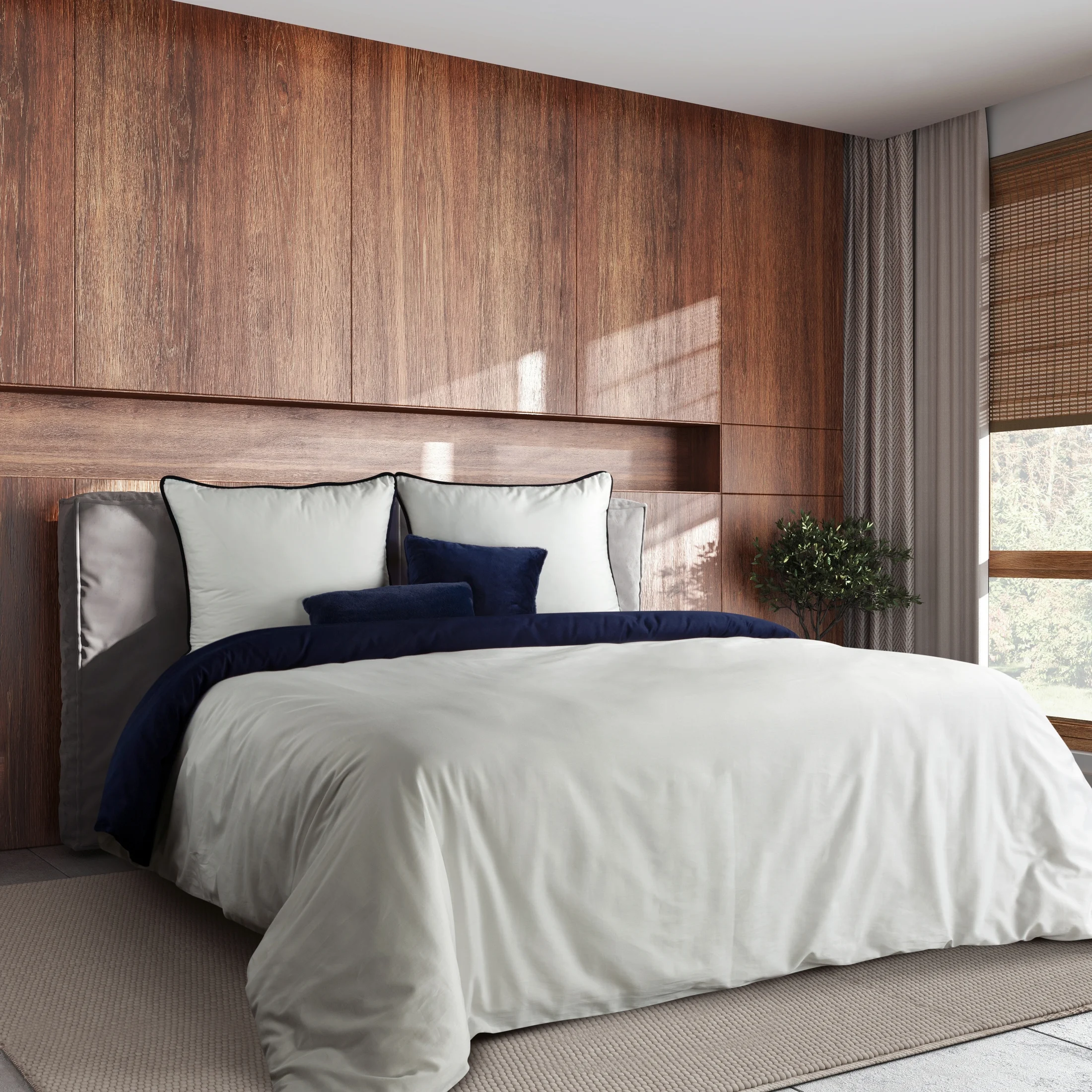 Pościel 220x200 cm z makosatyny bawełnianej kolor biały, ciemnogranatowy dwustronna z sznurem dekoracyjnym na brzegach Eurofirany Premium | eurofirany