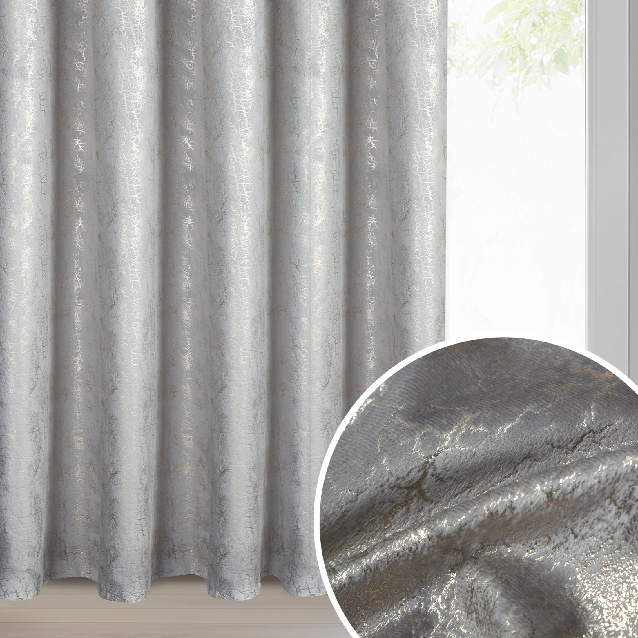 Zasłona stalowo, szampańska welwetowa z błyszczącym nadrukiem 140x250 cm taśma - INGRID | eurofirany