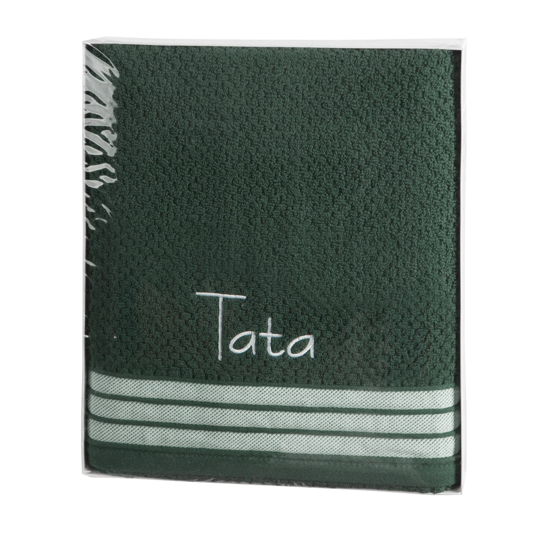 Zestaw upominkowy, ręcznik bawełniany 70x140 cm kolor ciemnozielony z haftem TATA