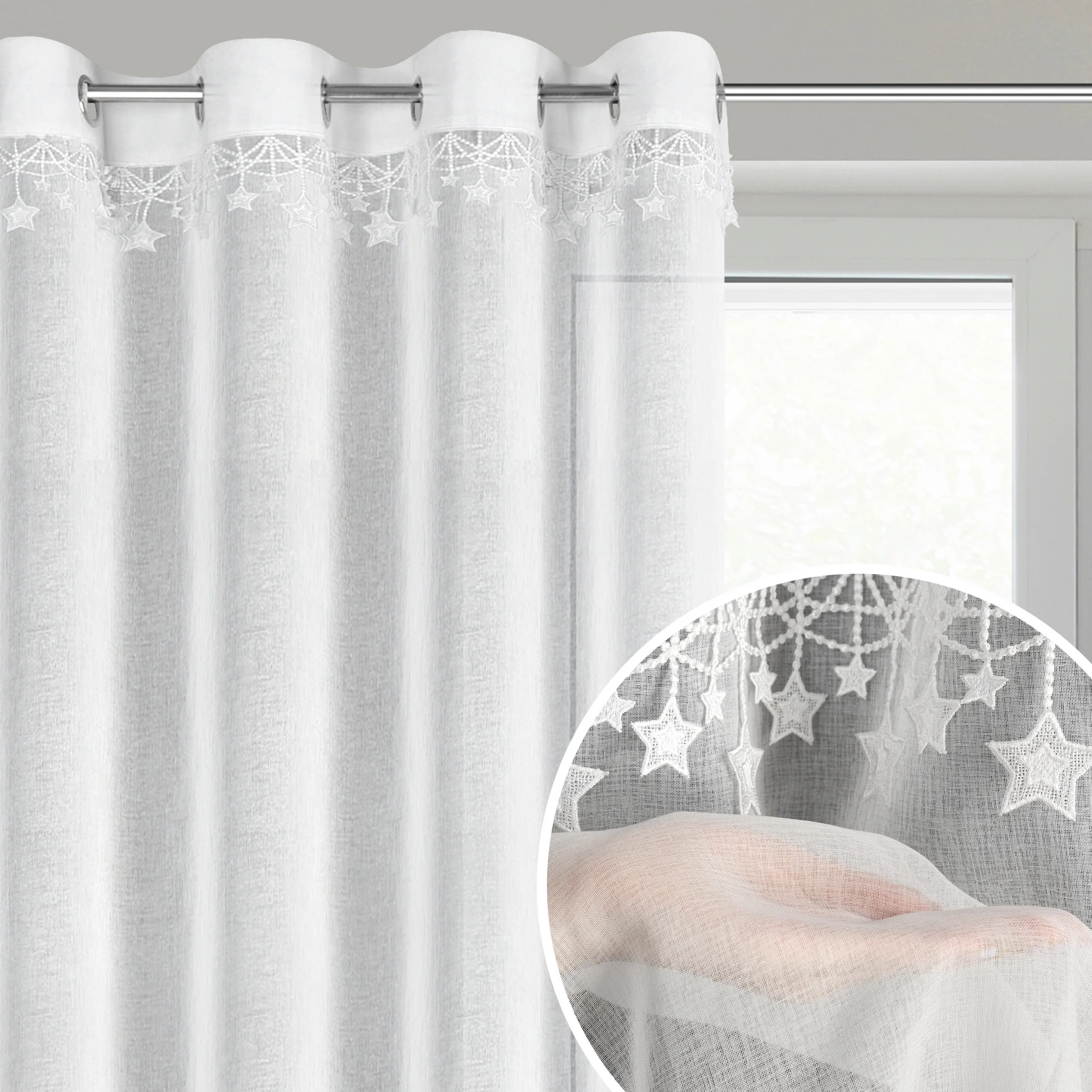 Firana świąteczna biała z etaminy zdobiona aplikacją z motywem gwiazdek 140x250 cm przelotki - XMAS | eurofirany