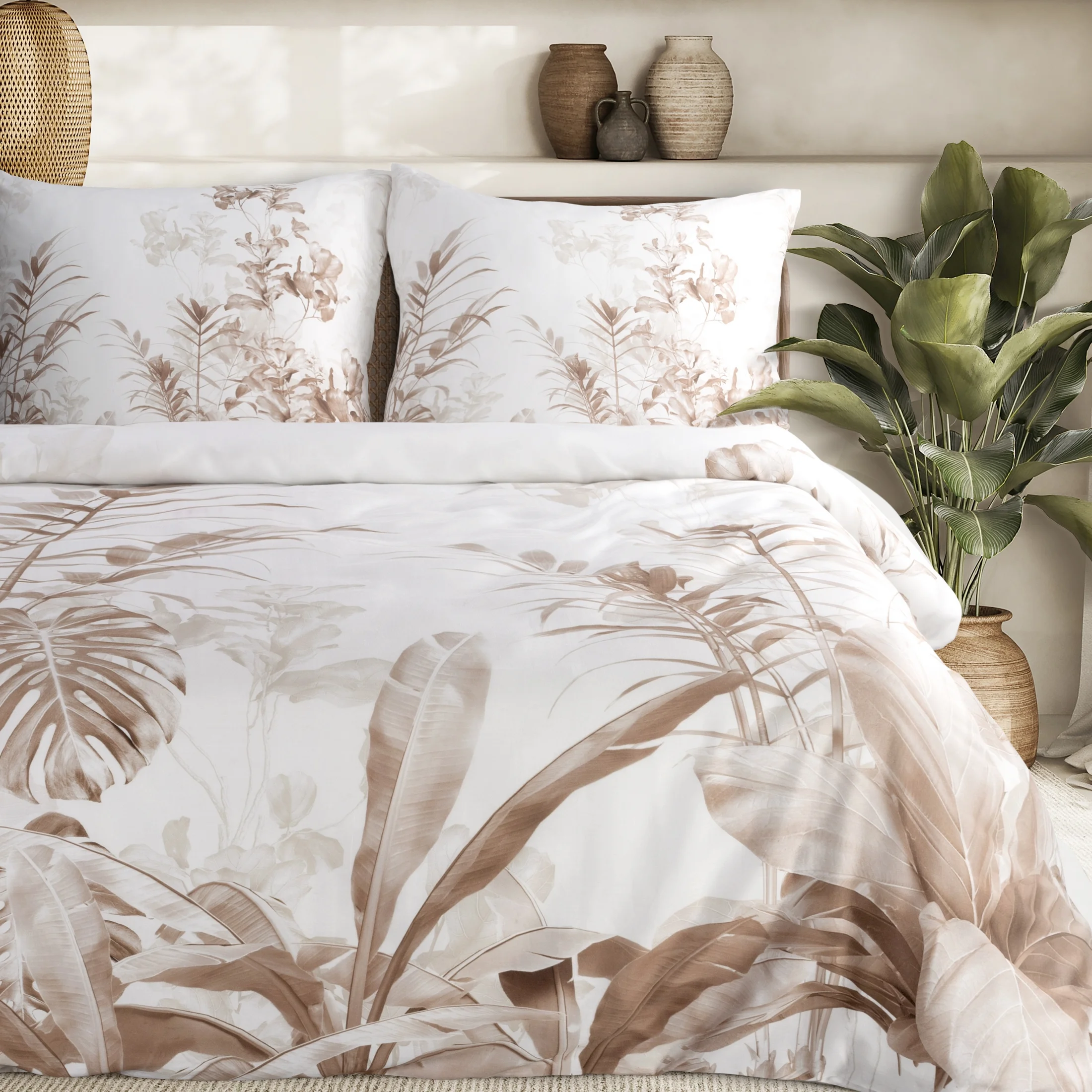 Pościel 220x200 cm z satyny bawełnianej kolor biało, brązowy z motywem egzotycznych liści Eurofirany Premium | eurofirany