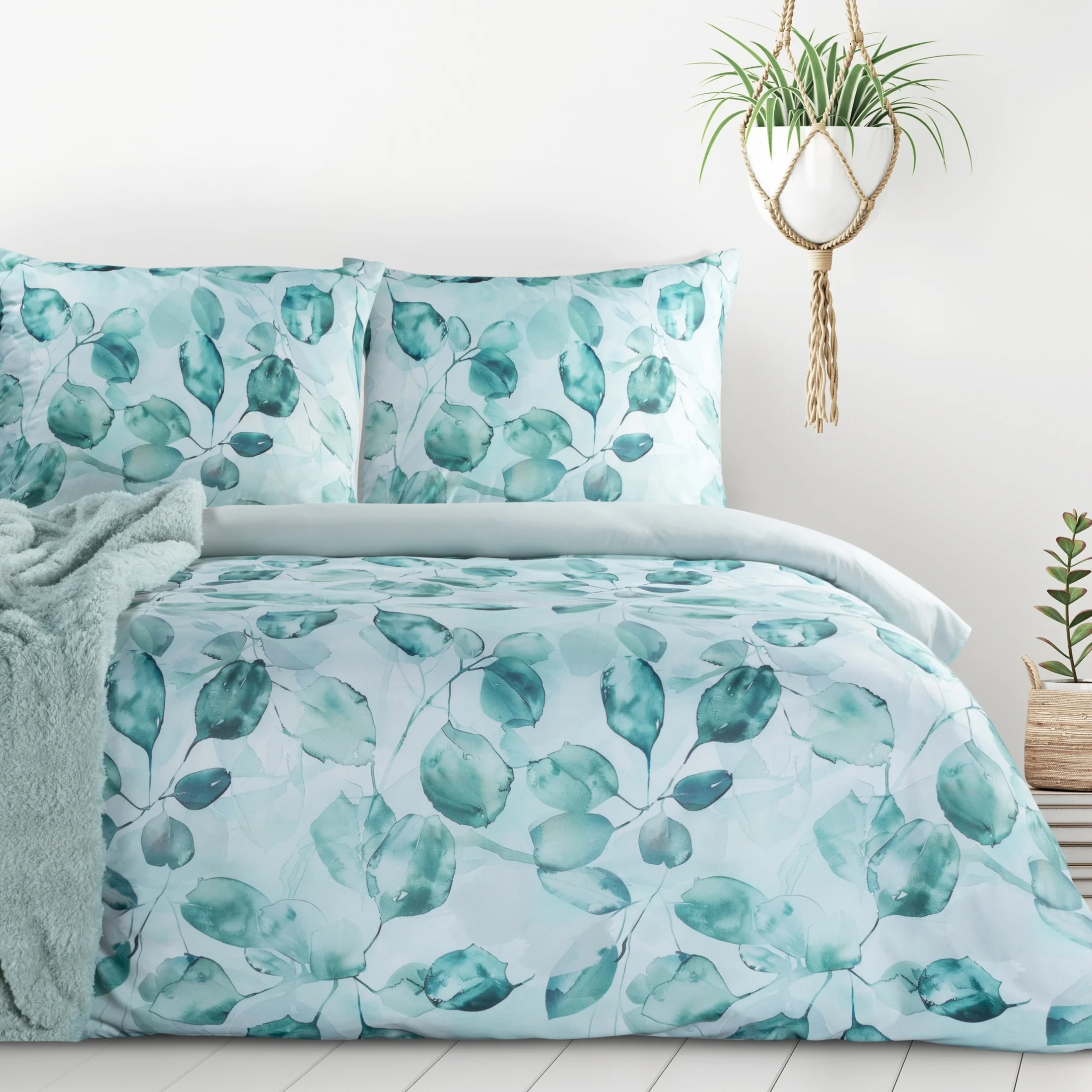 Pościel 220x200 cm kolor miętowy, ciemno miętowy z motywem liści VERANO 5 design 91 | eurofirany