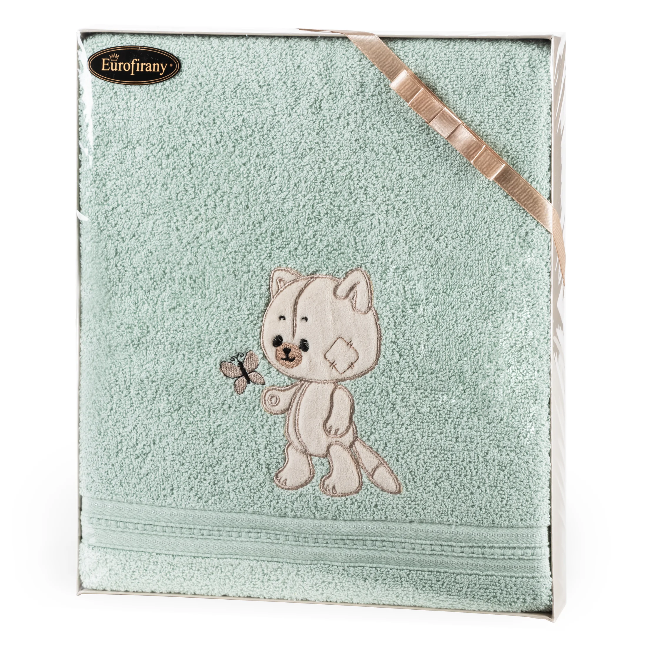 Zestaw upominkowy, ręcznik bawełniany 50x90 cm kolor miętowy z motywem kotka dla dziecka