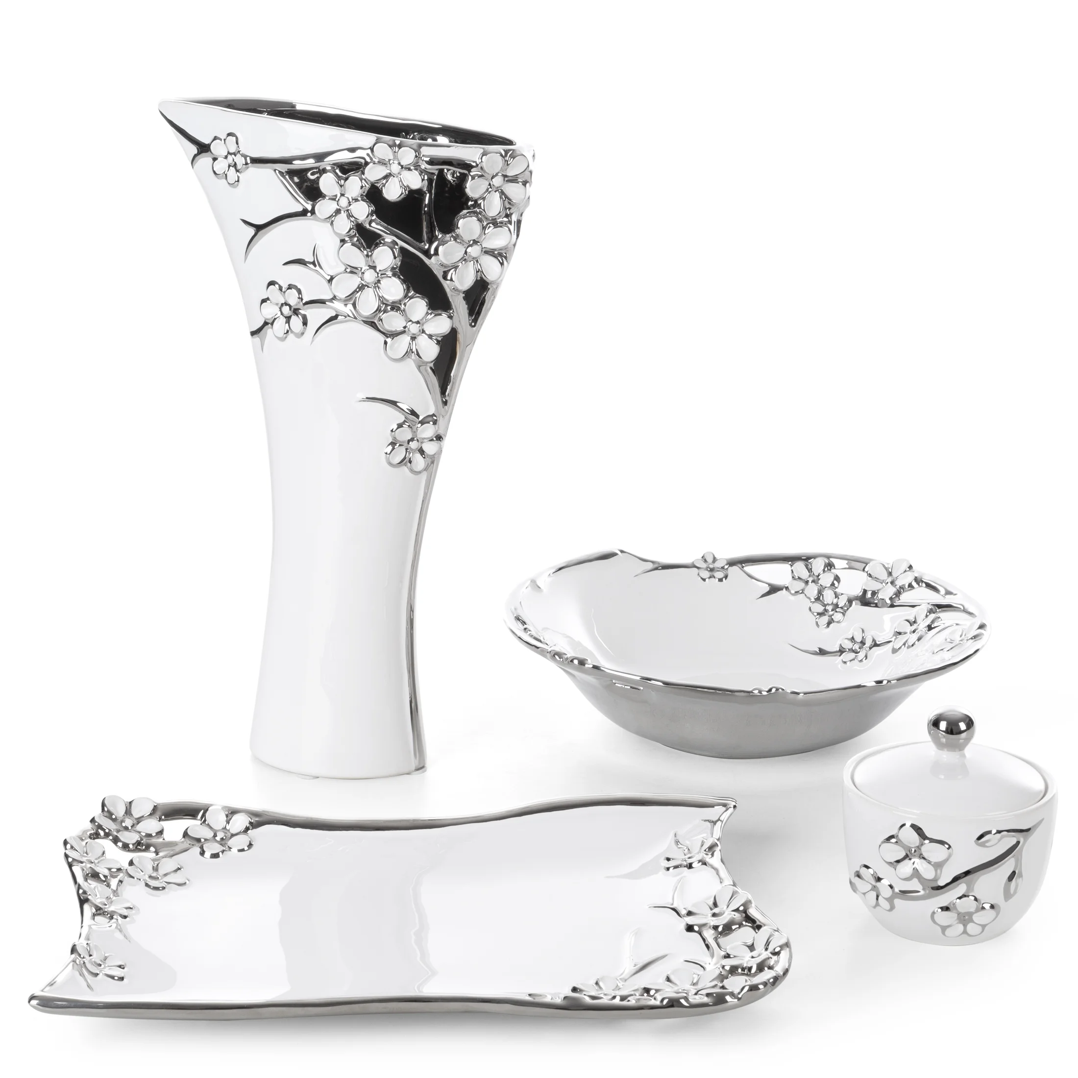 Misa ceramiczna dekoracyjna biało-srebrna z wypukłymi kwiatami 29x27x7 cm