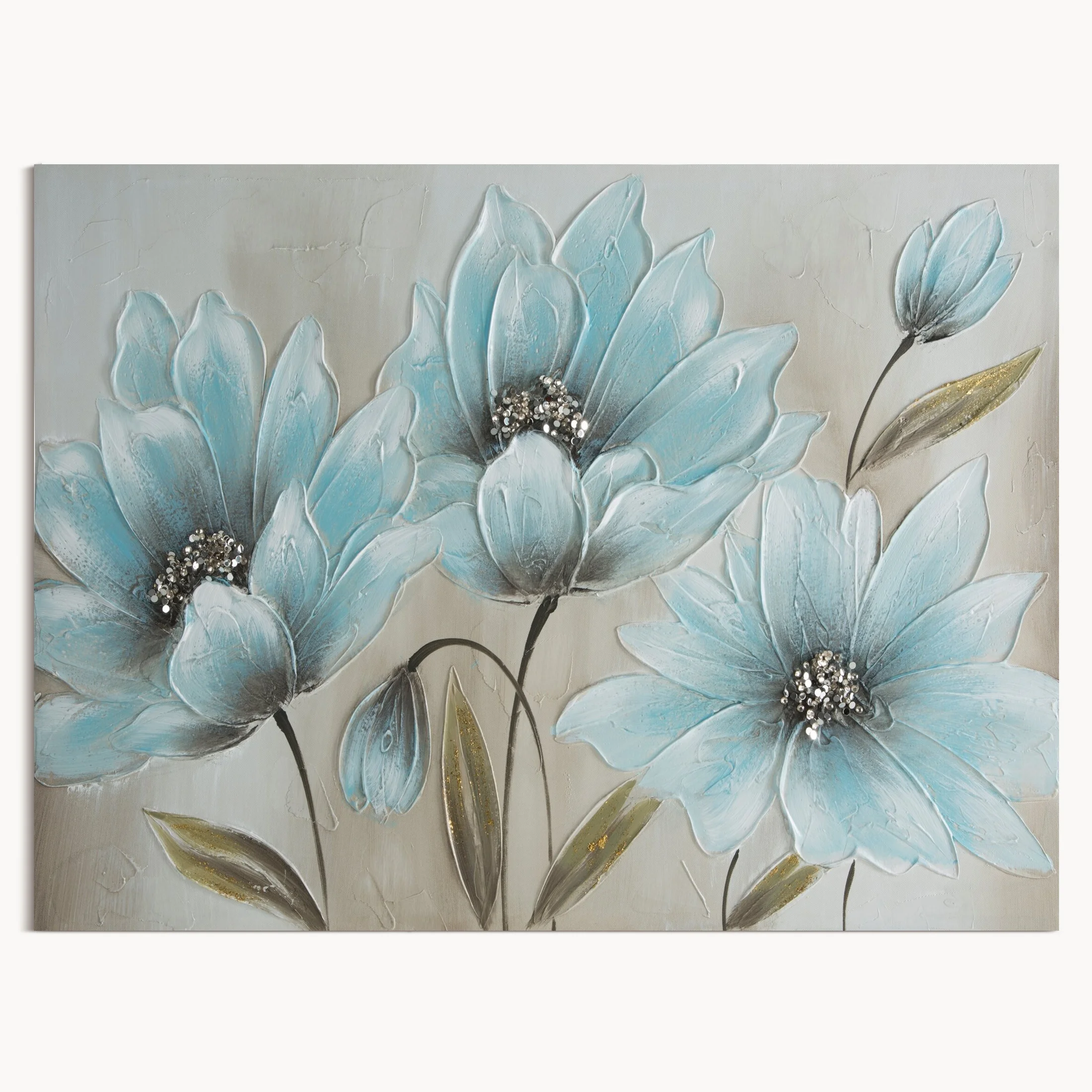 Obraz BLOOM 2 ręcznie malowany na płótnie niebieskie kwiaty wykończone lśniącym brokatem | eurofirany