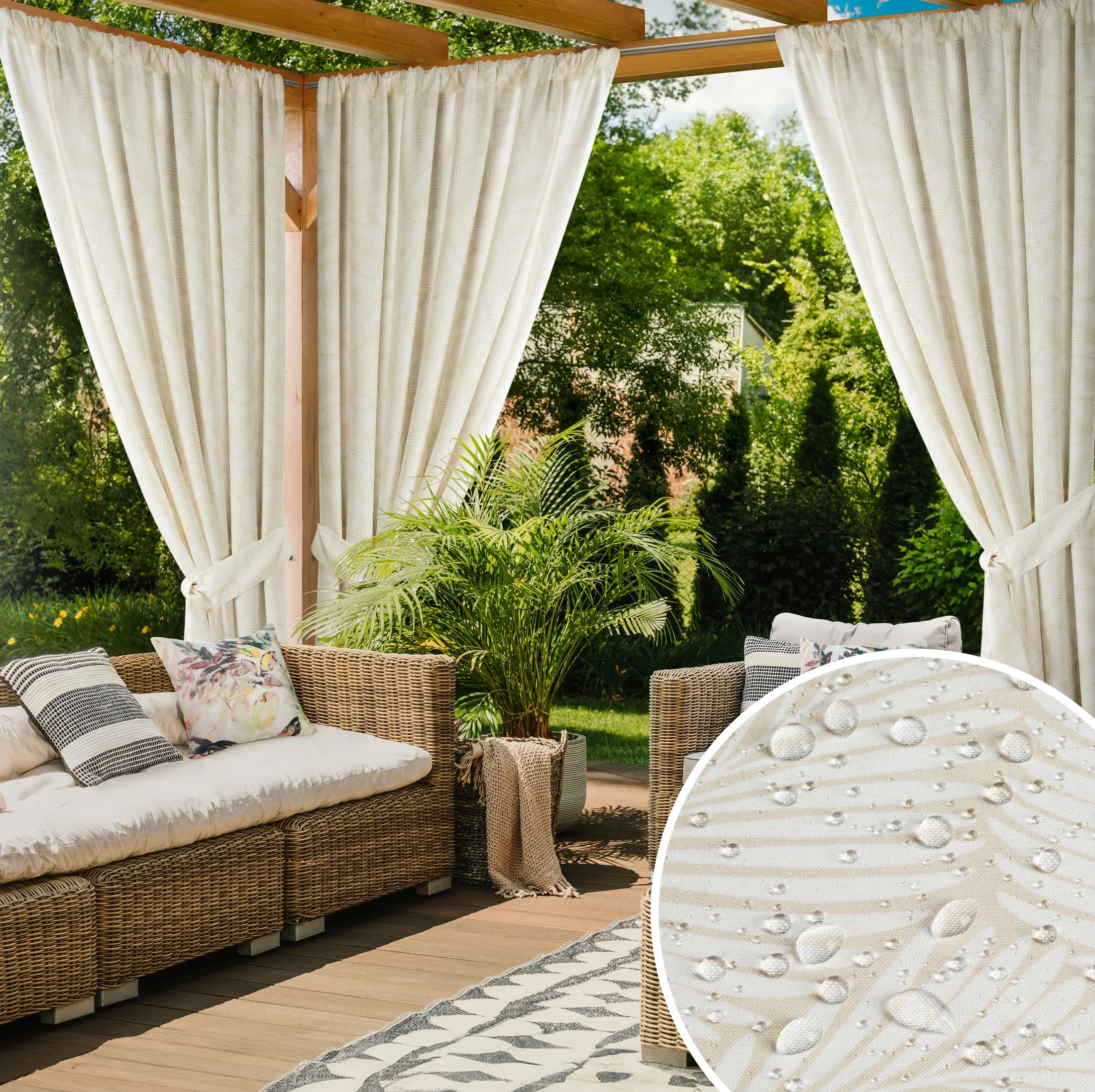 Zasłona biało, beżowa z wodoodpornej tkaniny idealna do ogrodu i na taras 155x200 cm tunel - GARDEN | eurofirany