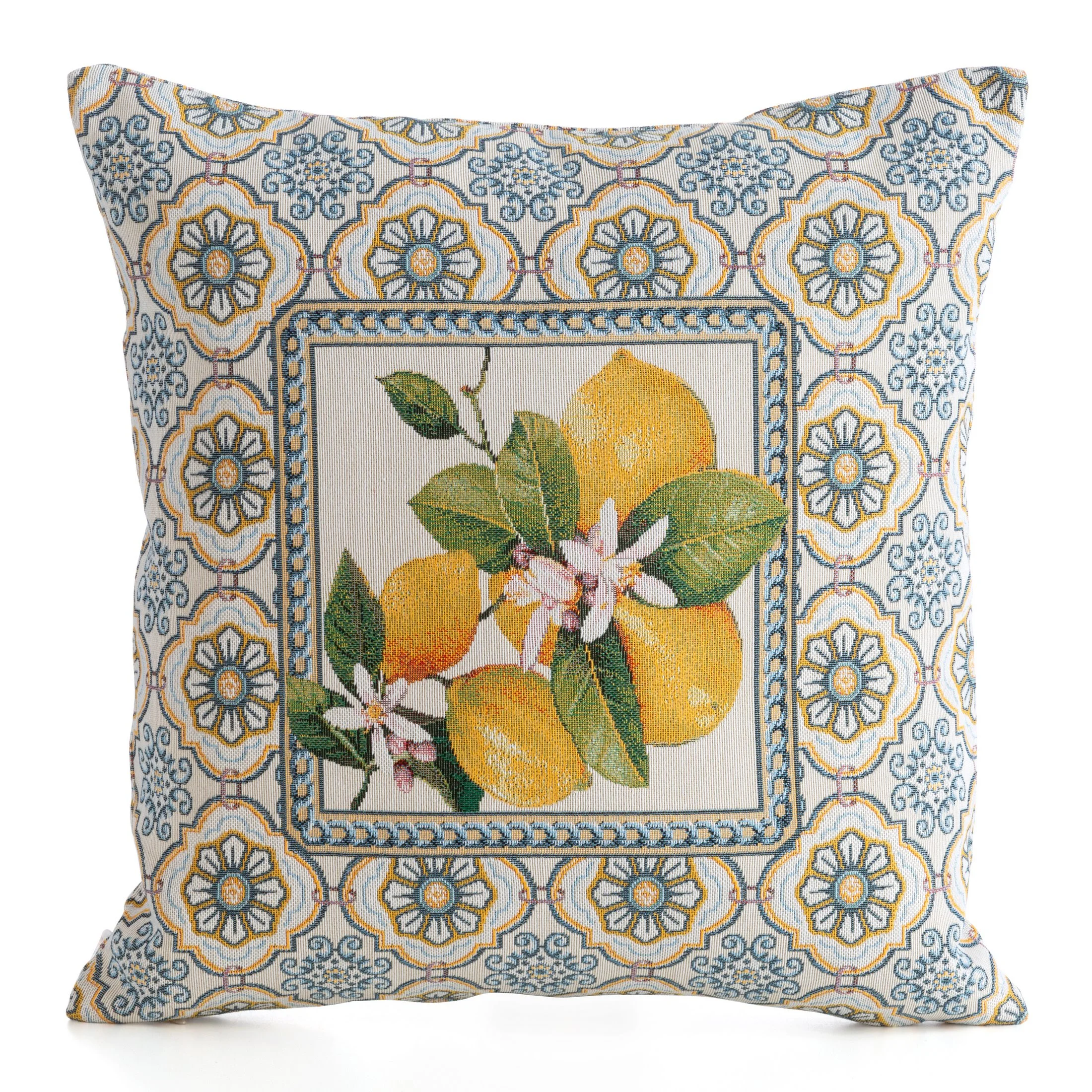 Poszewka na poduszkę 45x45 cm bawełniana, gobelinowa kolor naturalny żółty w modnym włoskim stylu w cytryny GOB | eurofirany