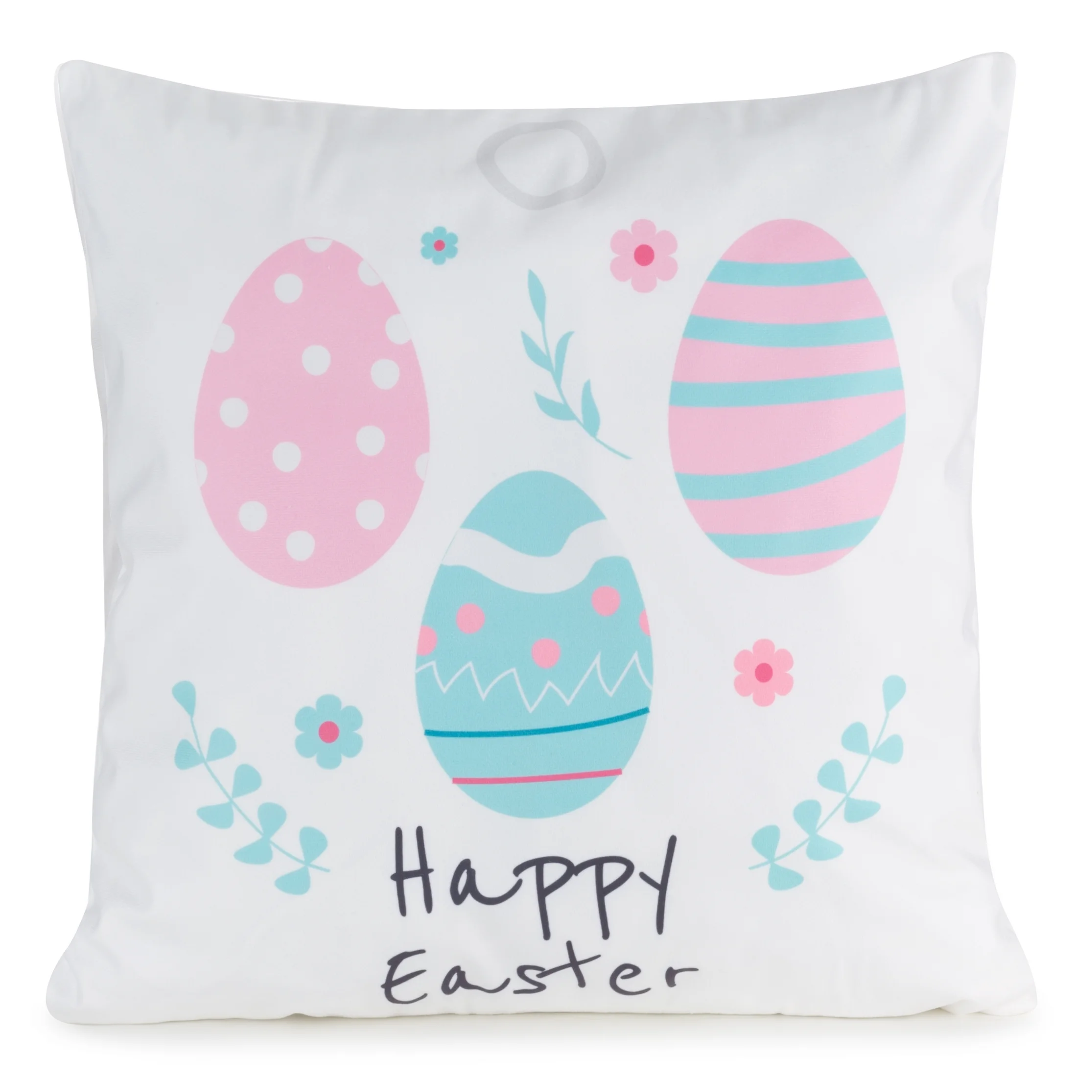 Poszewka na poduszkę 45x45 cm z weluru biało, pudrowa zdobiona nadrukiem pisanek WIOSNA 8 | eurofirany