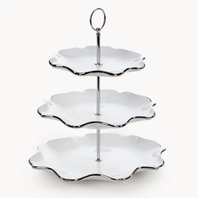 Patera ceramiczna dekoracyjna biało-srebrna trzypiętrowa  30x21x54 cm AUREN
