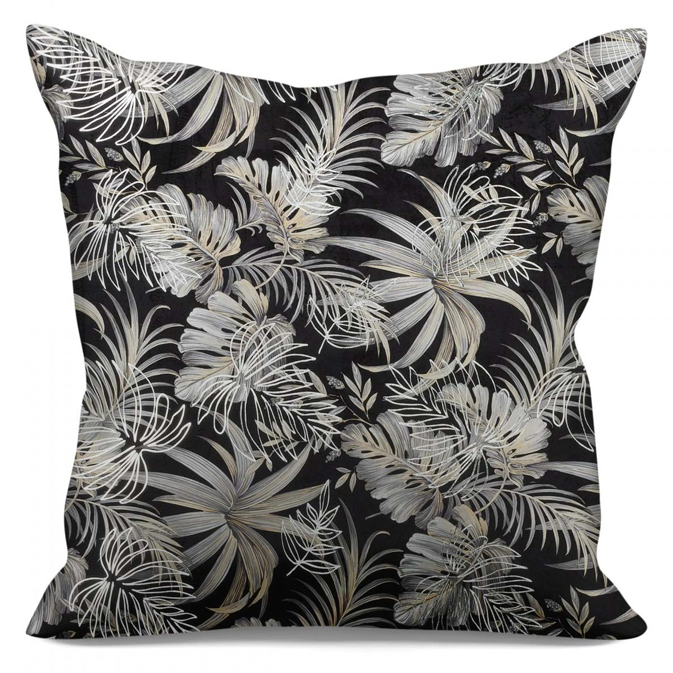 Poszewka na poduszkę 40x40 cm welwetowa, czarno beżowa z modnym, błyszczącym wzorem liści RODOS | eurofirany