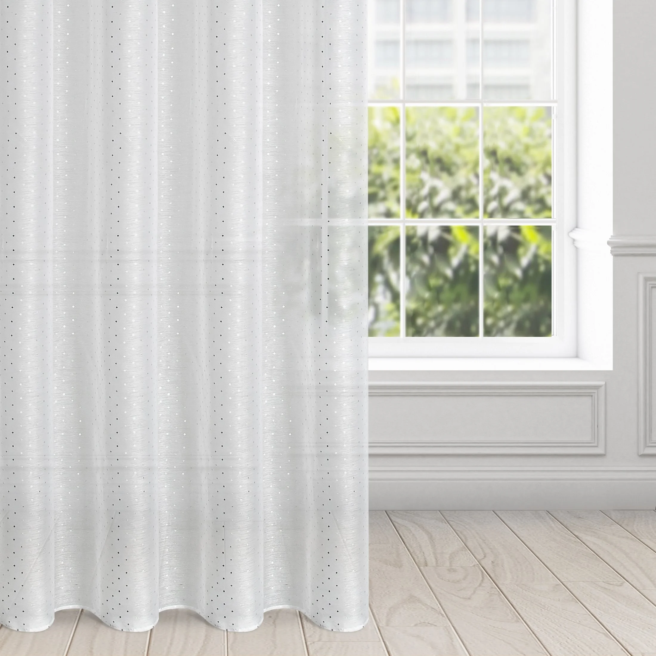 Dekoracja okienna biała z srebrnym nadrukiem drobnych kwadracików 140x250 cm przelotka - SIBEL | eurofirany