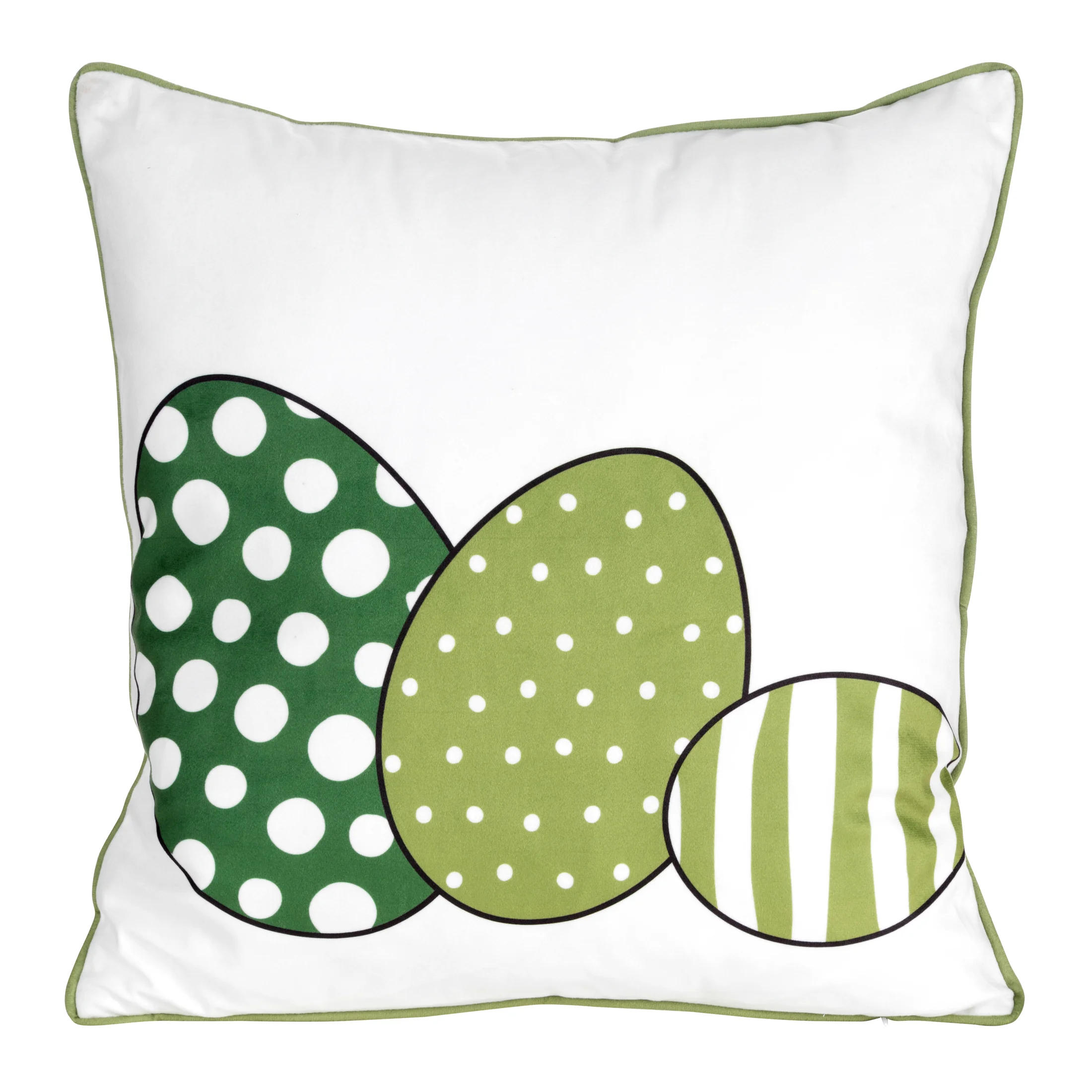 Poszewka na poduszkę 45x45 cm welwetowa biało, zielona z nadrukiem pisanek WIOSNA 3 | eurofirany