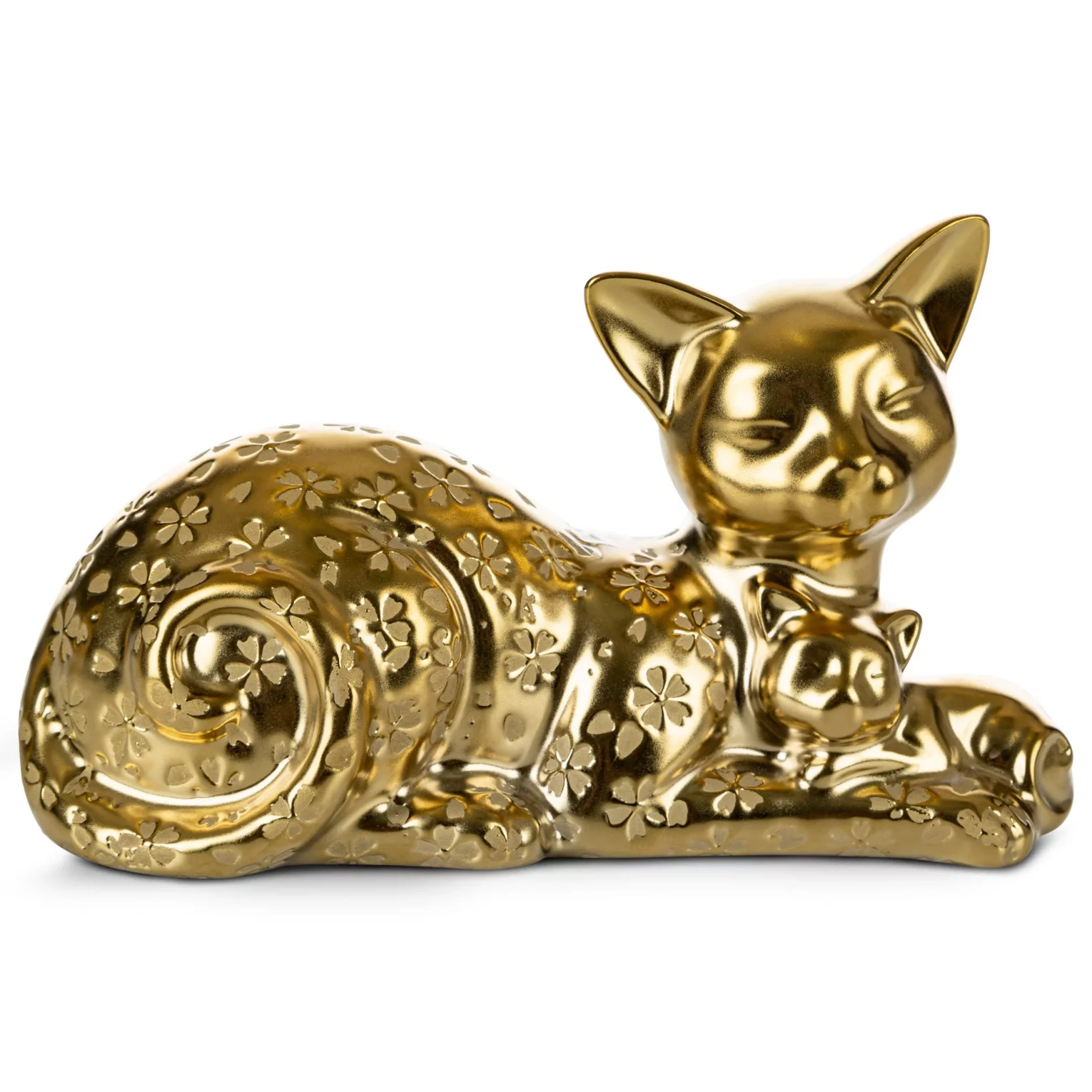 Figurka ceramiczna złoty kot z wytłaczanymi kwiatuszkami 22x9x14 cm KITY