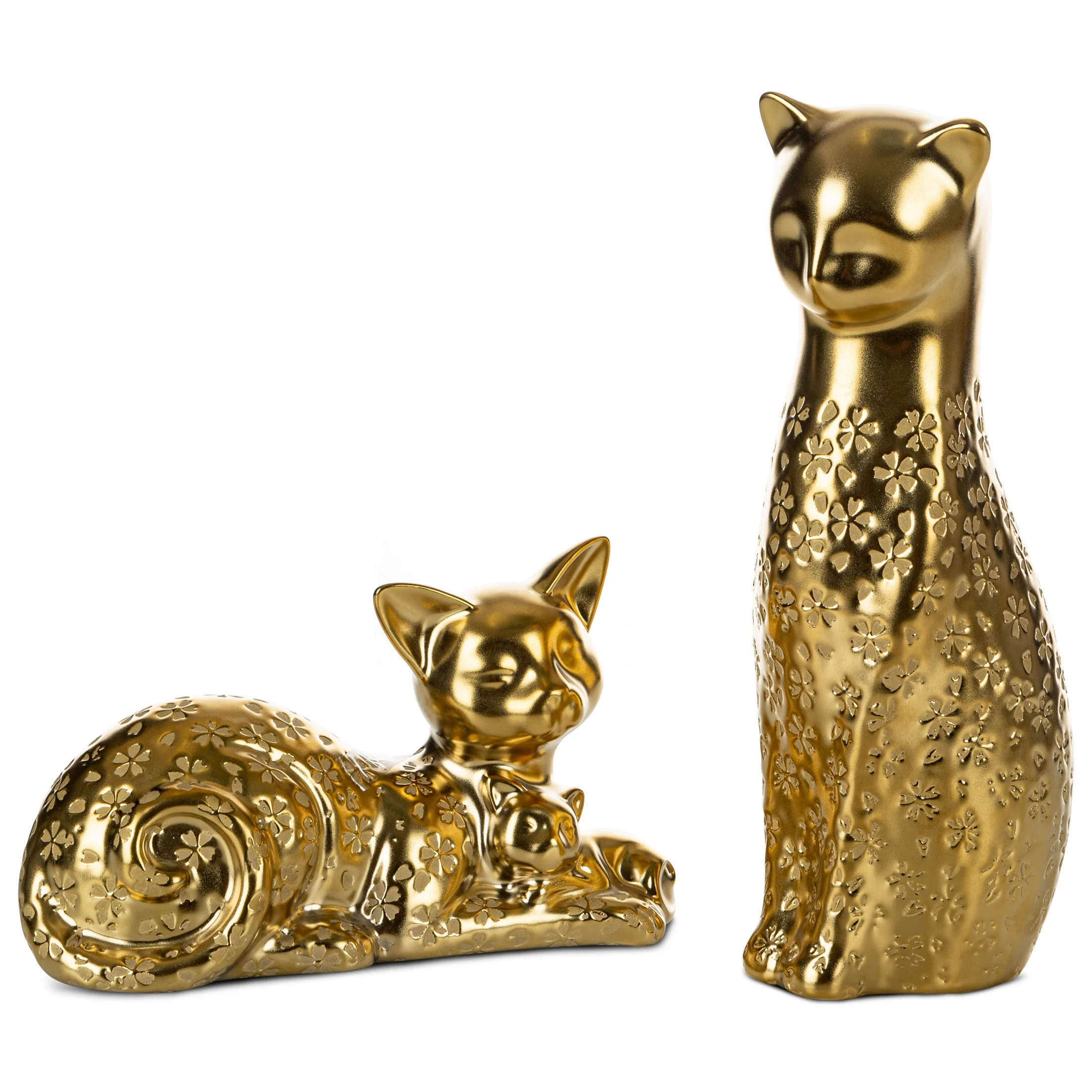 Figurka ceramiczna złoty kot z wytłaczanymi kwiatuszkami 22x9x14 cm KITY