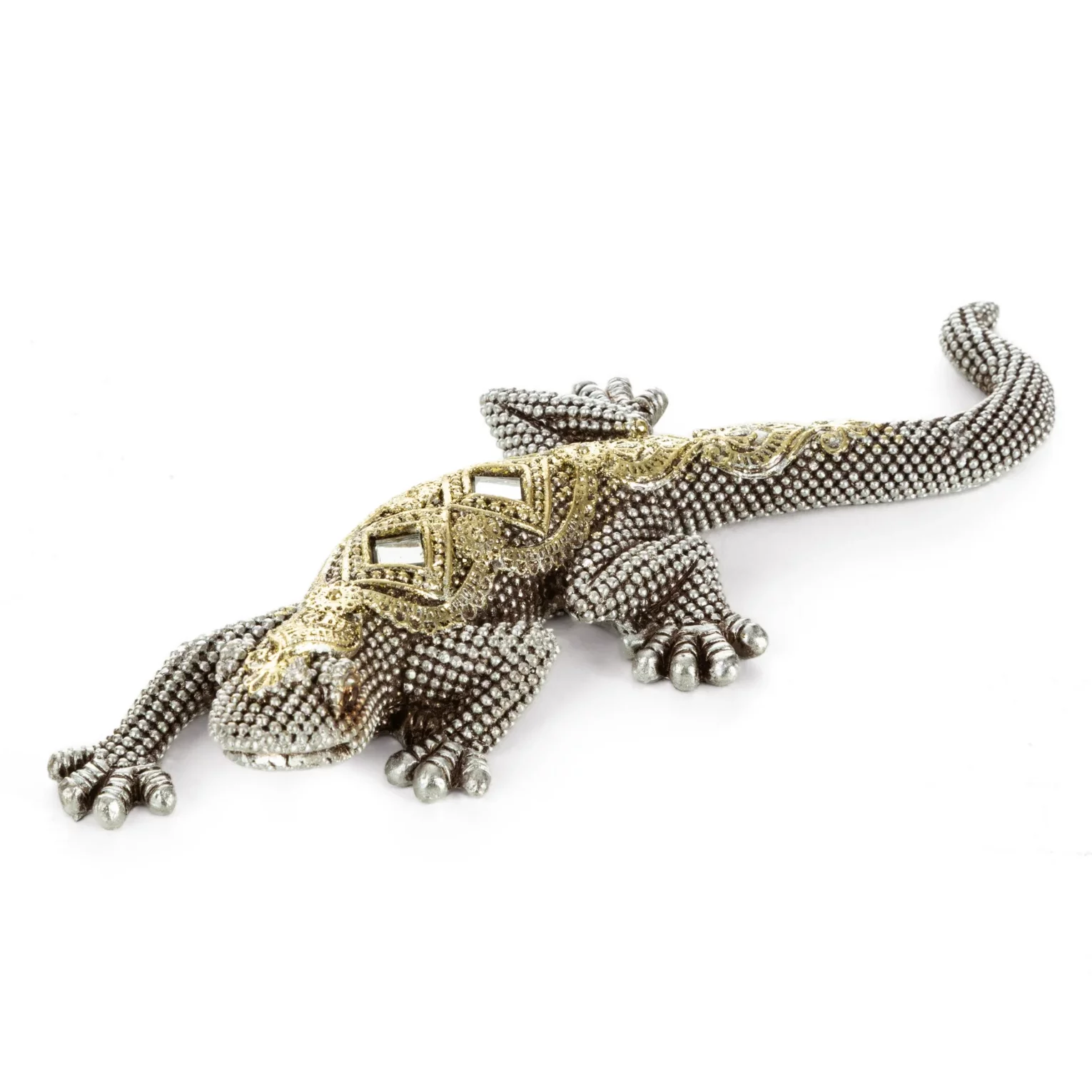 Figurka srebrna jaszczurka o drobnym strukturalnym wzorze 20x8x3 cm GATOS
