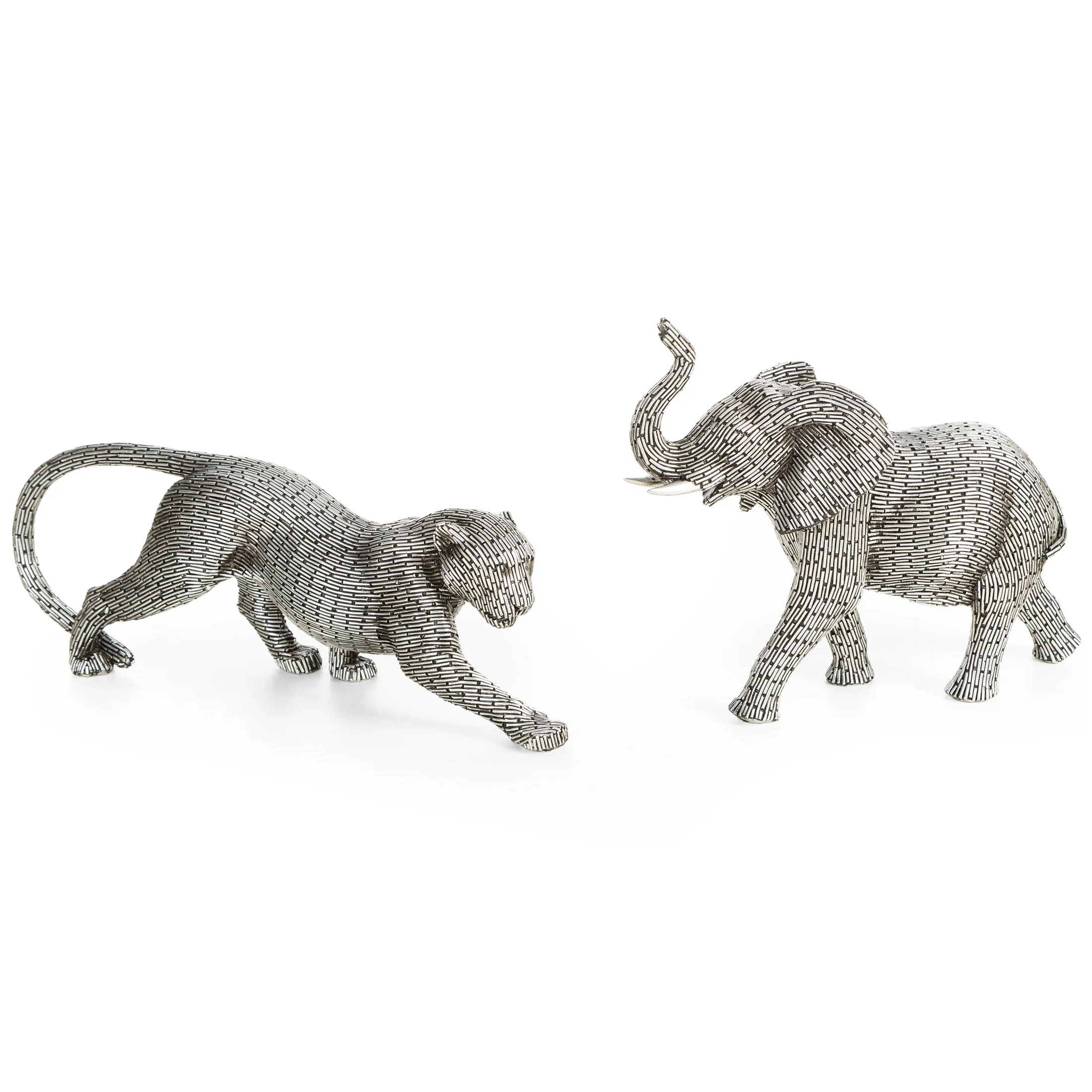 Figurka srebrna w kształcie geparda z metaliczną geometryczną strukturą 34x8x12 cm ZURI