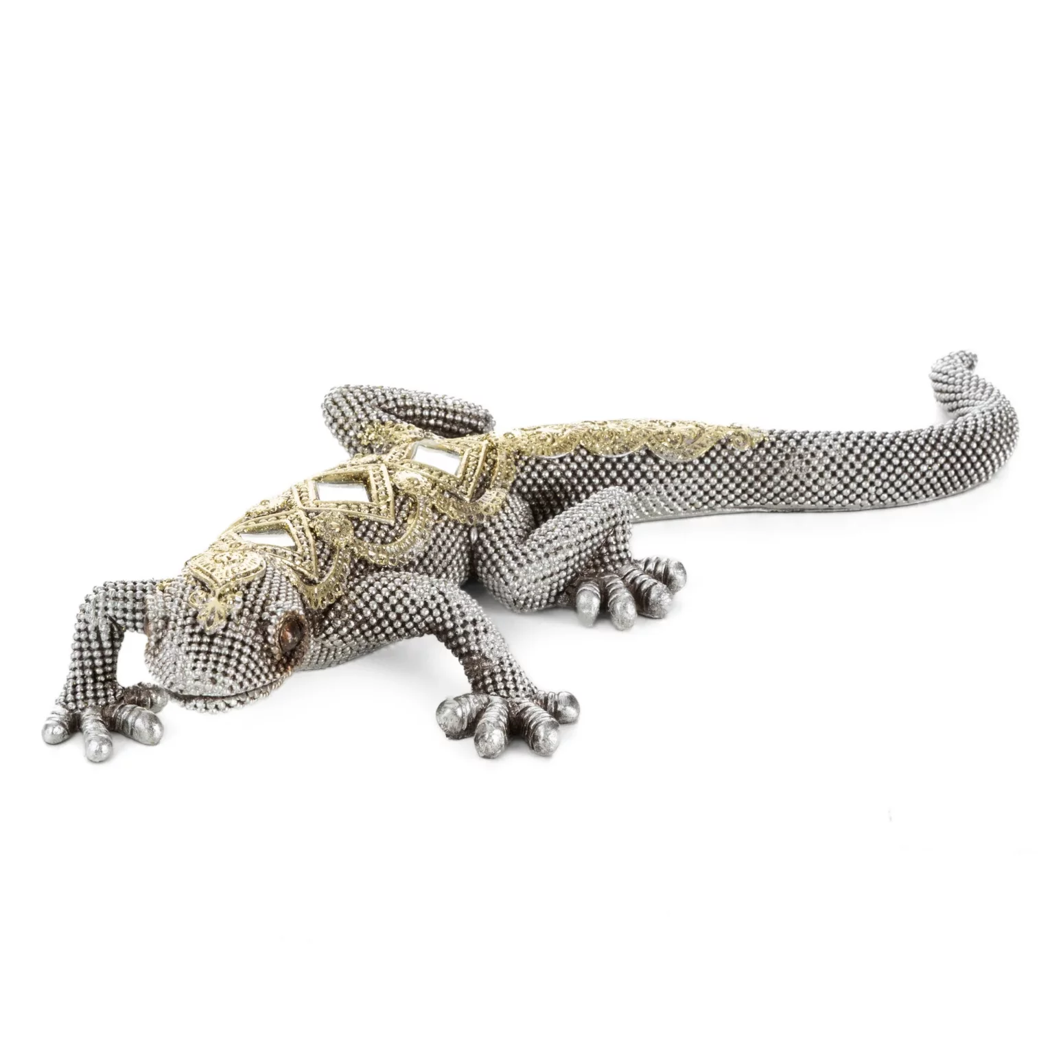 Figurka srebrno-złota jaszczurka o drobnym strukturalnym wzorze 25x11x5 cm GATOS