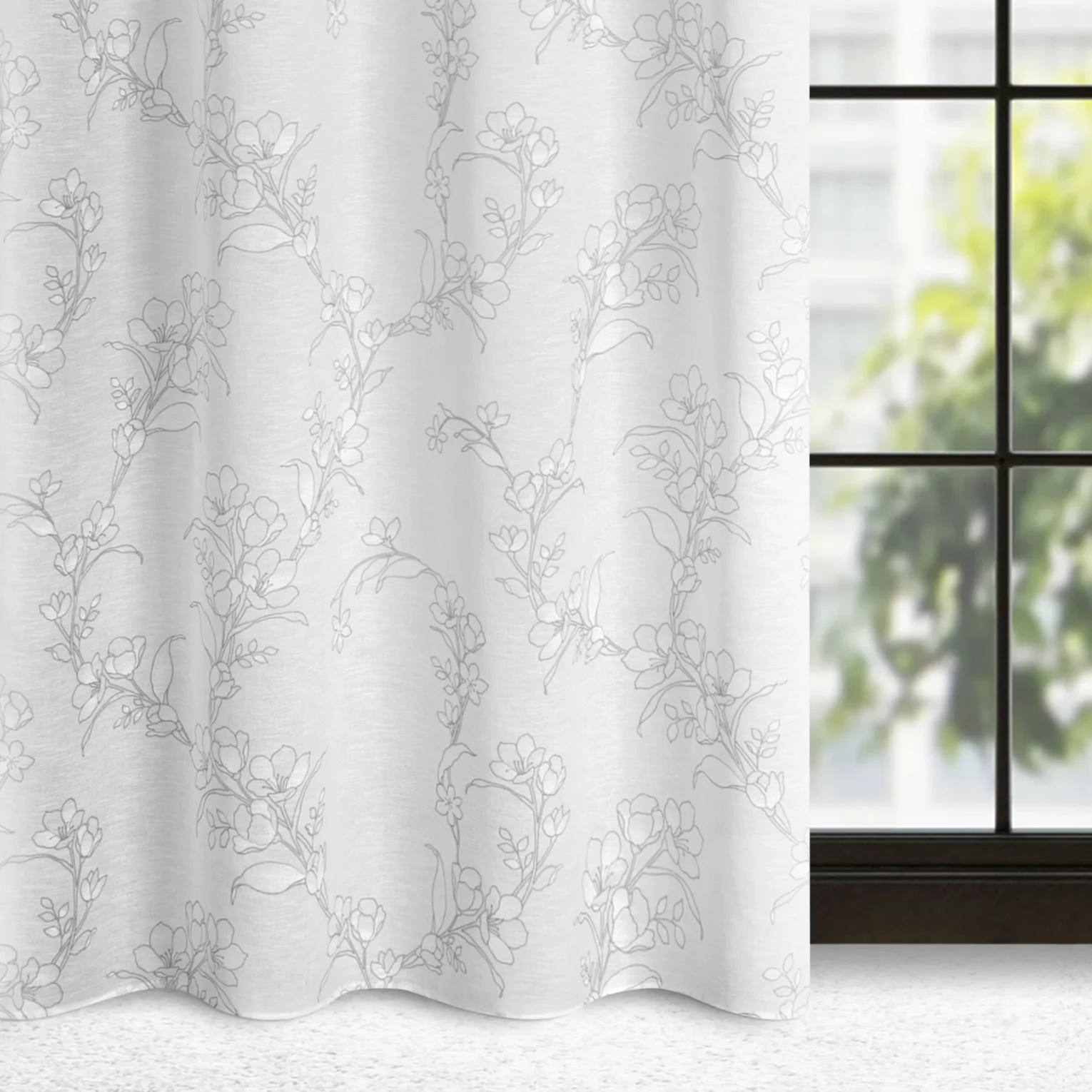 Zasłona biało, popielata ze wzorem kwiatowym z etaminy 140x250 cm przelotka - FIORE