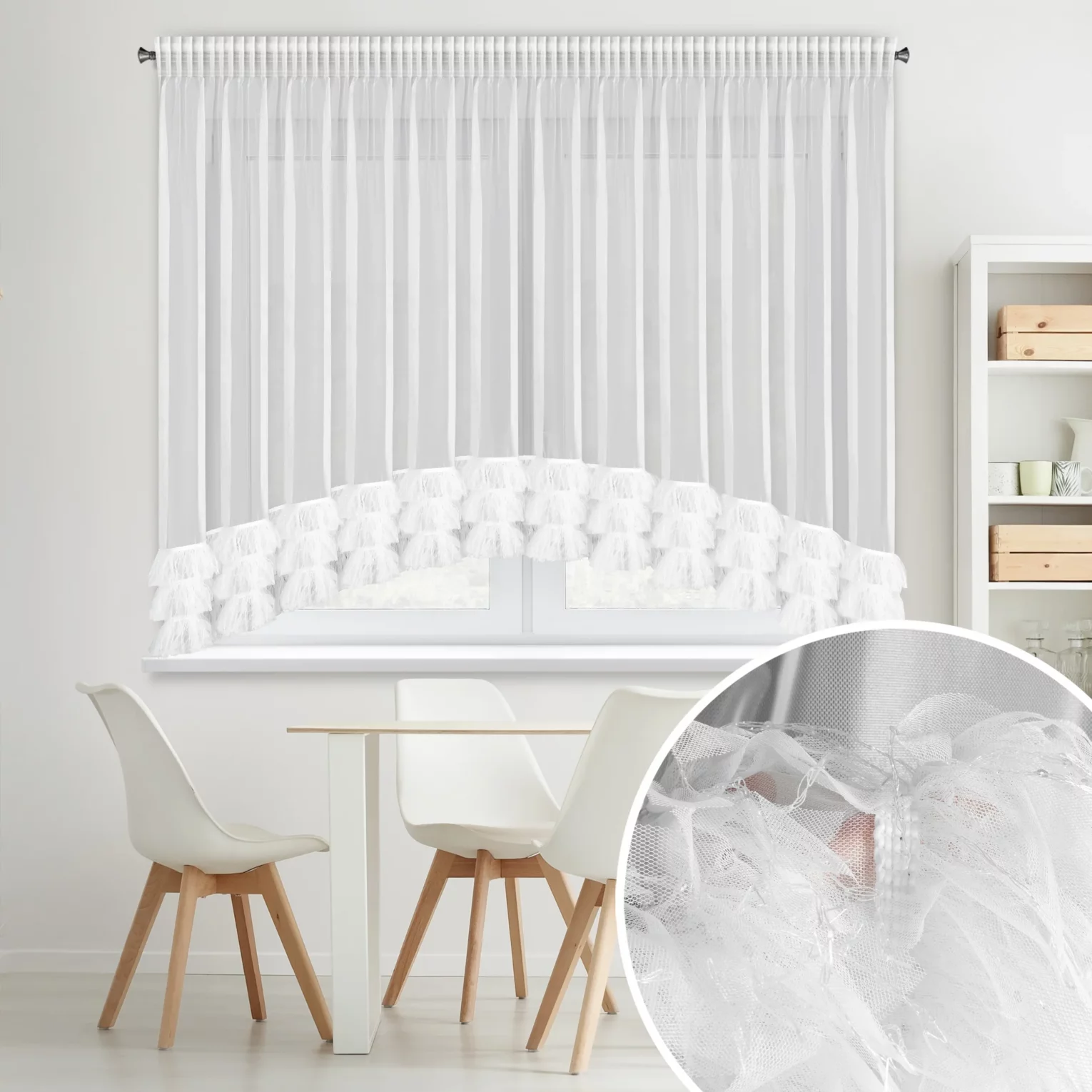 Firana biała łuk z drobnej siateczki z fantazyjną aplikacją 400x160 cm taśma - ARABELLA