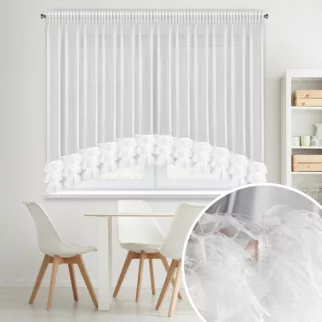 Firana biała łuk z drobnej siateczki z fantazyjną aplikacją 400x160 cm taśma - ARABELLA