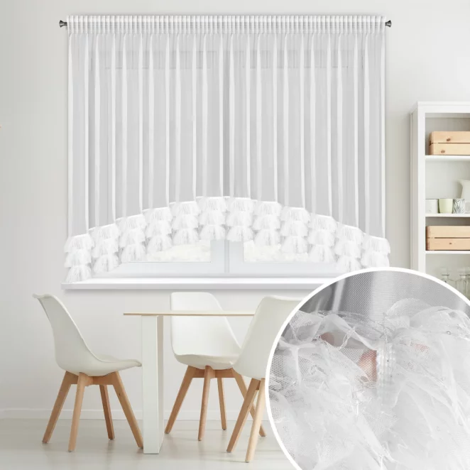 Firana biała łuk z drobnej siateczki z fantazyjną aplikacją 400x160 cm taśma - ARABELLA