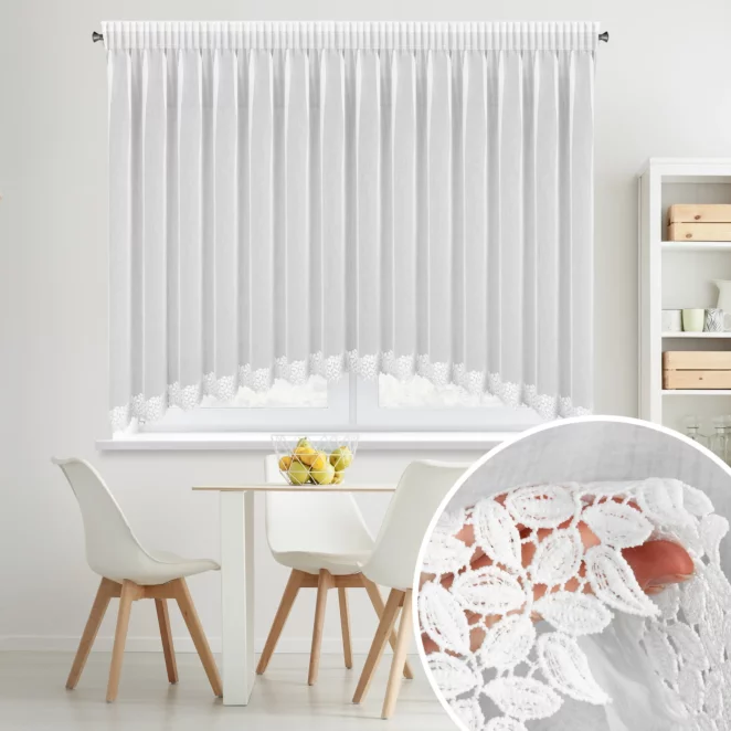 Firana biala łuk z etaminy zdobiona koronką 400x160 cm taśma - HESTIA