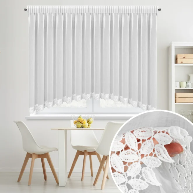 Firana biala łuk z etaminy zdobiona koronką 400x160 cm taśma - HESTIA