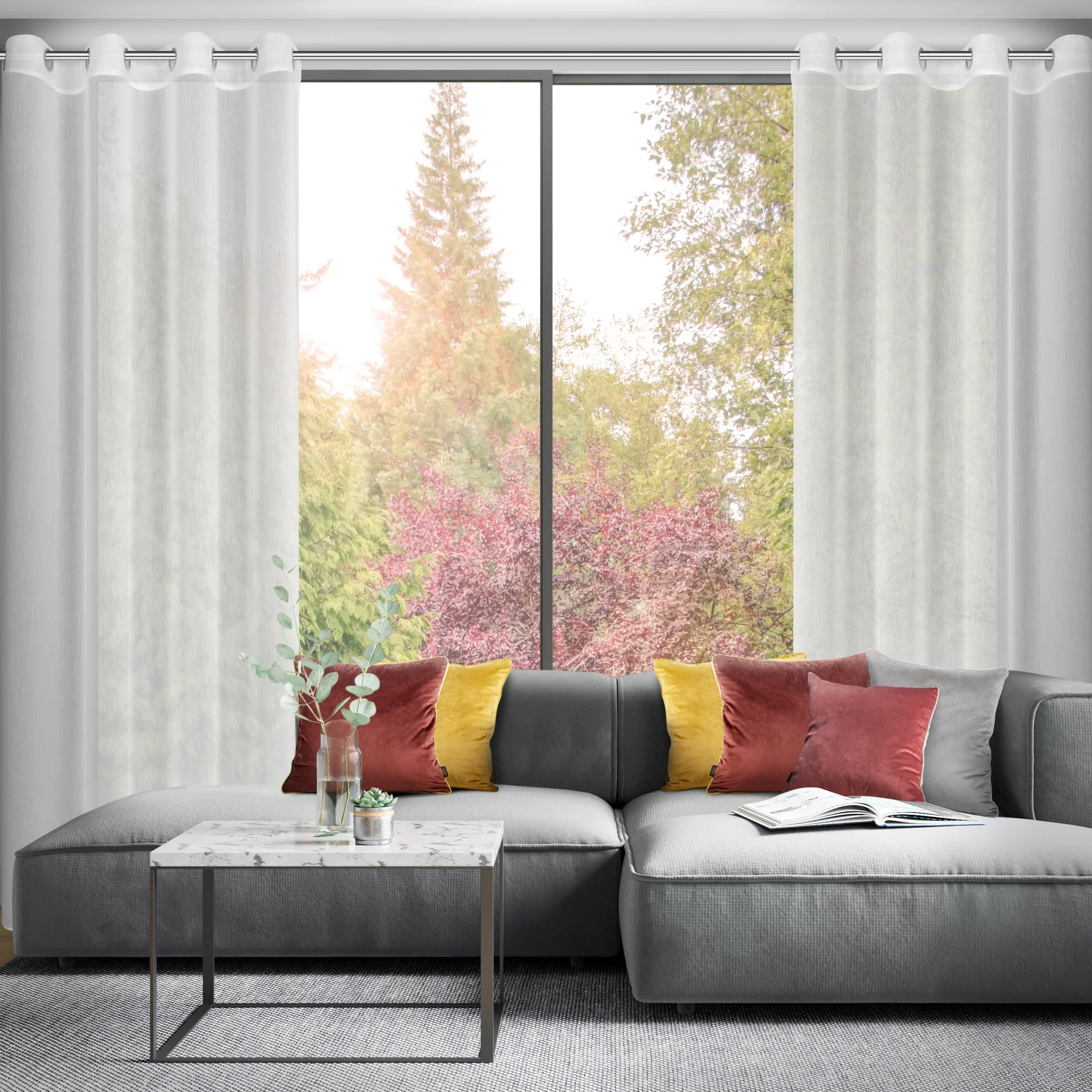 Firana biała o strukturze drobnego deszczyku przeplatana złotą nicią 140x250 cm przelotka LUNA