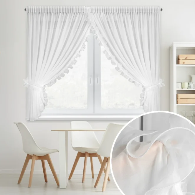 Firana biała szyfonowa zdobiona falbanką na brzegach w zestawie troczki 400x180 cm taśma - GABRIELA