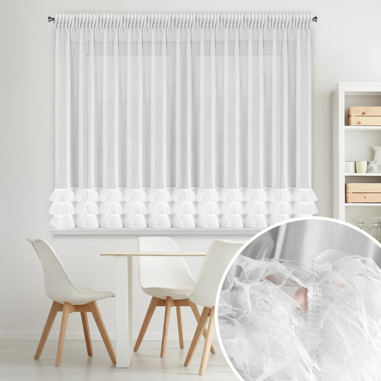 Firana biała z drobnej siateczki z fantazyjną aplikacją 400x160 cm taśma - ARABELLA