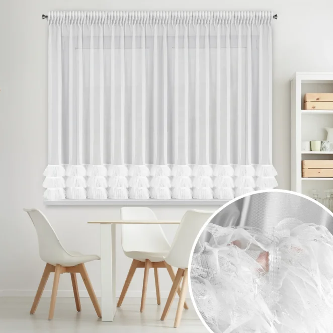 Firana biała z drobnej siateczki z fantazyjną aplikacją 400x160 cm taśma - ARABELLA