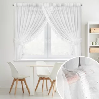 Firana biała z drobnej siateczki z fantazyjną aplikacją 400x180 cm w zestawie troczki, taśma - ARABELLA
